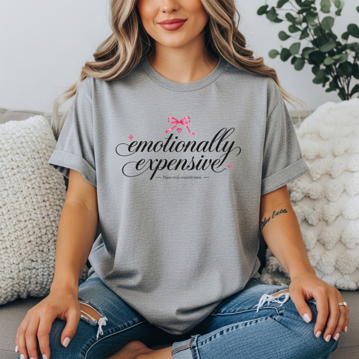 Emotionally Expensive Tee | Coquette Bow Graphic Shirt | Funny Trendy Y2K Style T-Shirt