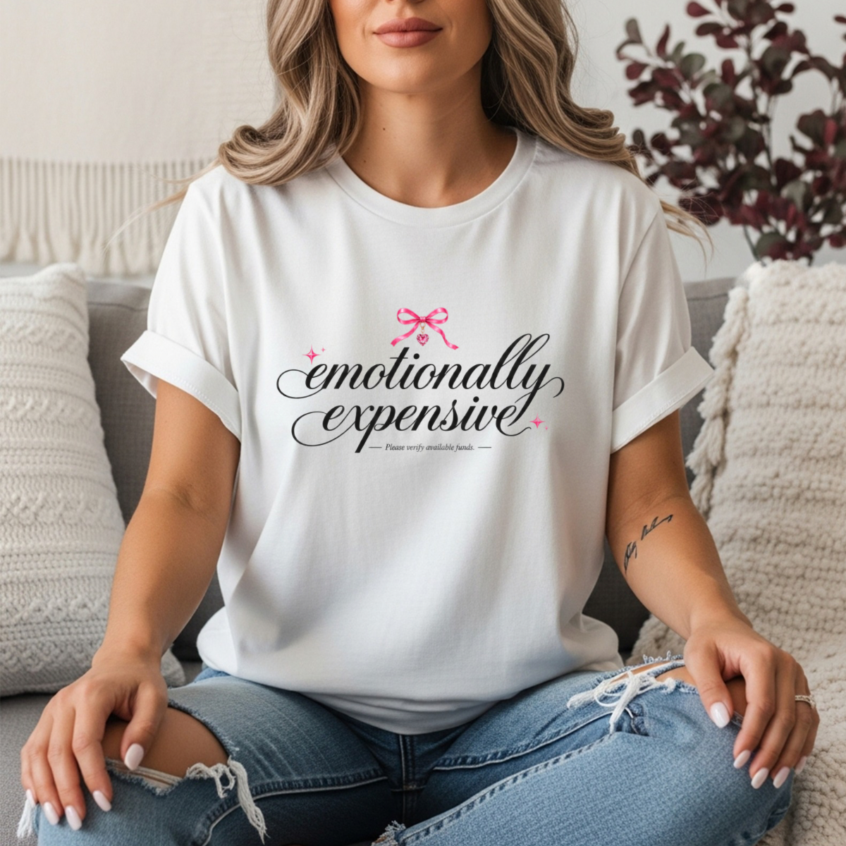 Emotionally Expensive Tee | Coquette Bow Graphic Shirt | Funny Trendy Y2K Style T-Shirt