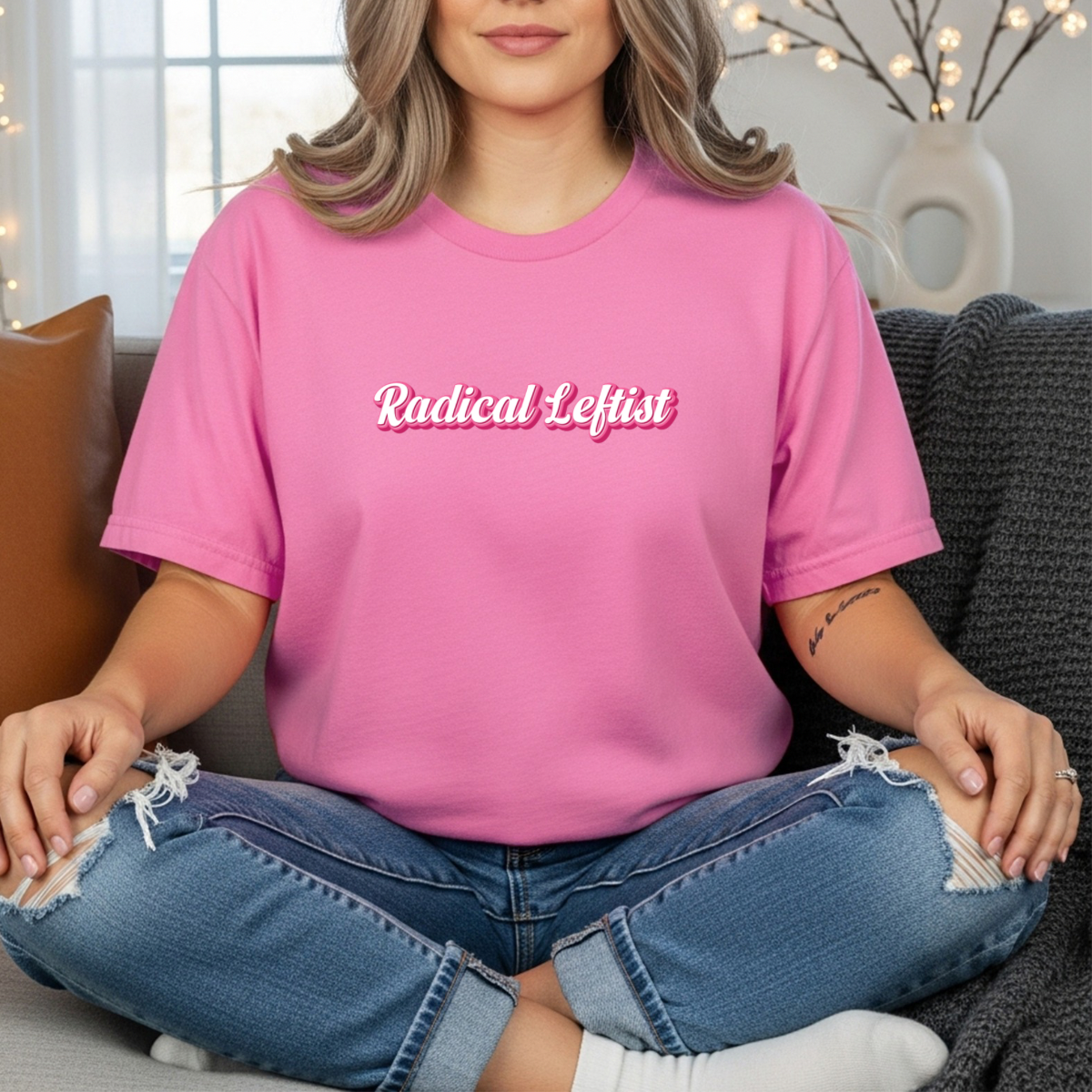 Radical Leftist Tee — Pink Script Political Statement T-Shirt