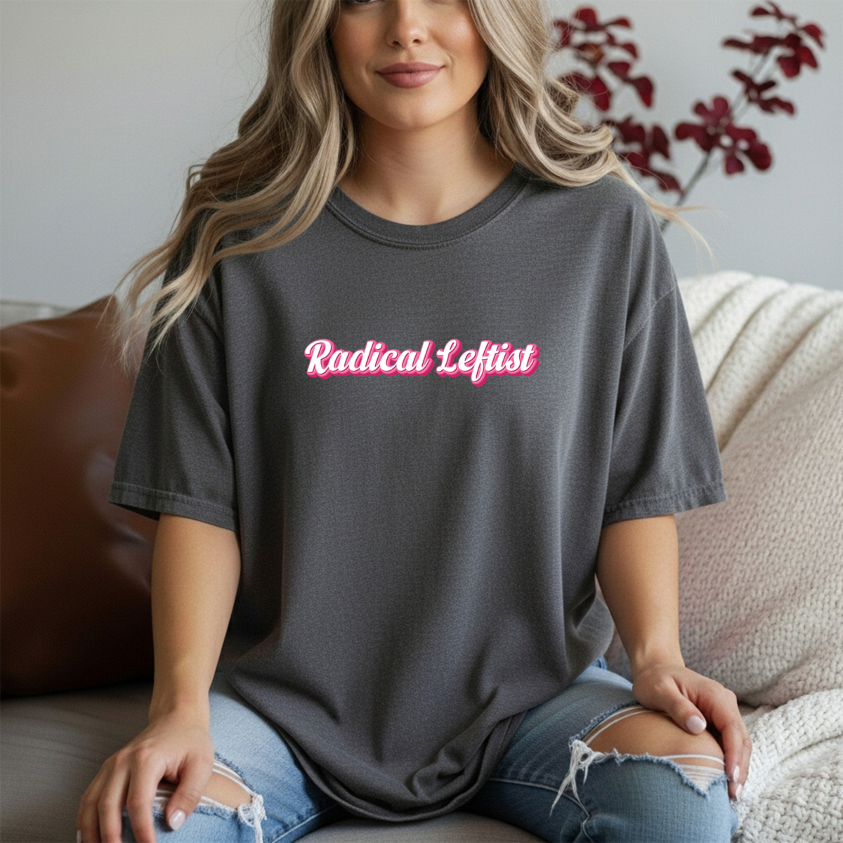 Radical Leftist Tee — Pink Script Political Statement T-Shirt