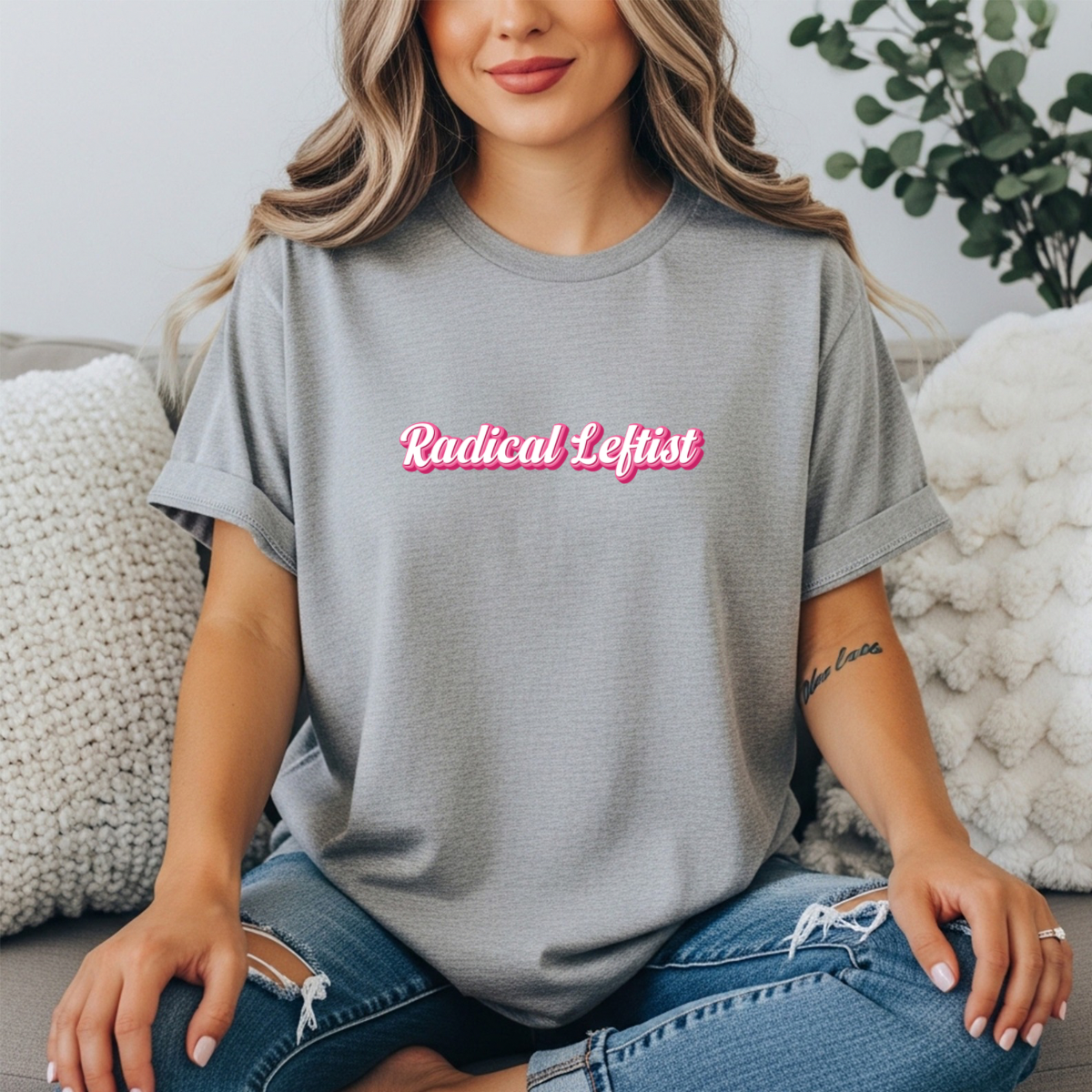 Radical Leftist Tee — Pink Script Political Statement T-Shirt