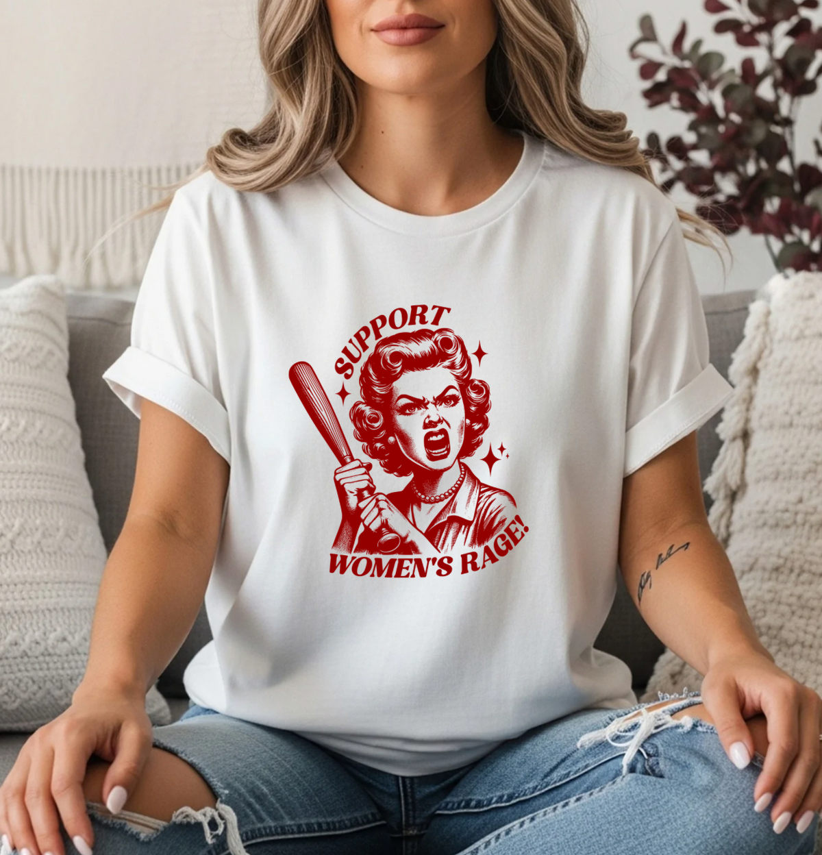 Support Women's Rage T-Shirt — Retro Feminist Baseball Bat Graphic Tee