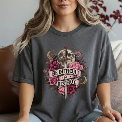 “Be Difficult to Destroy” Dagger & Moon Tee — Dark Feminist Floral Graphic