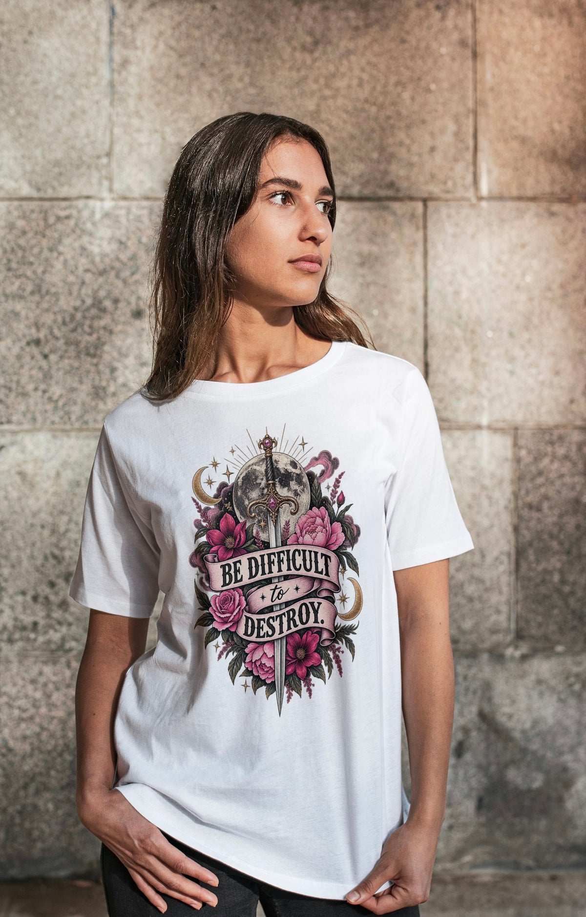 “Be Difficult to Destroy” Dagger & Moon Tee — Dark Feminist Floral Graphic