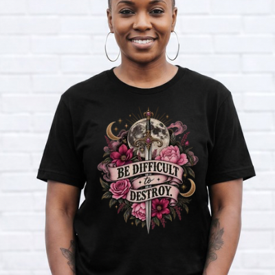 “Be Difficult to Destroy” Dagger & Moon Tee — Dark Feminist Floral Graphic