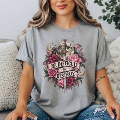 “Be Difficult to Destroy” Dagger & Moon Tee — Dark Feminist Floral Graphic