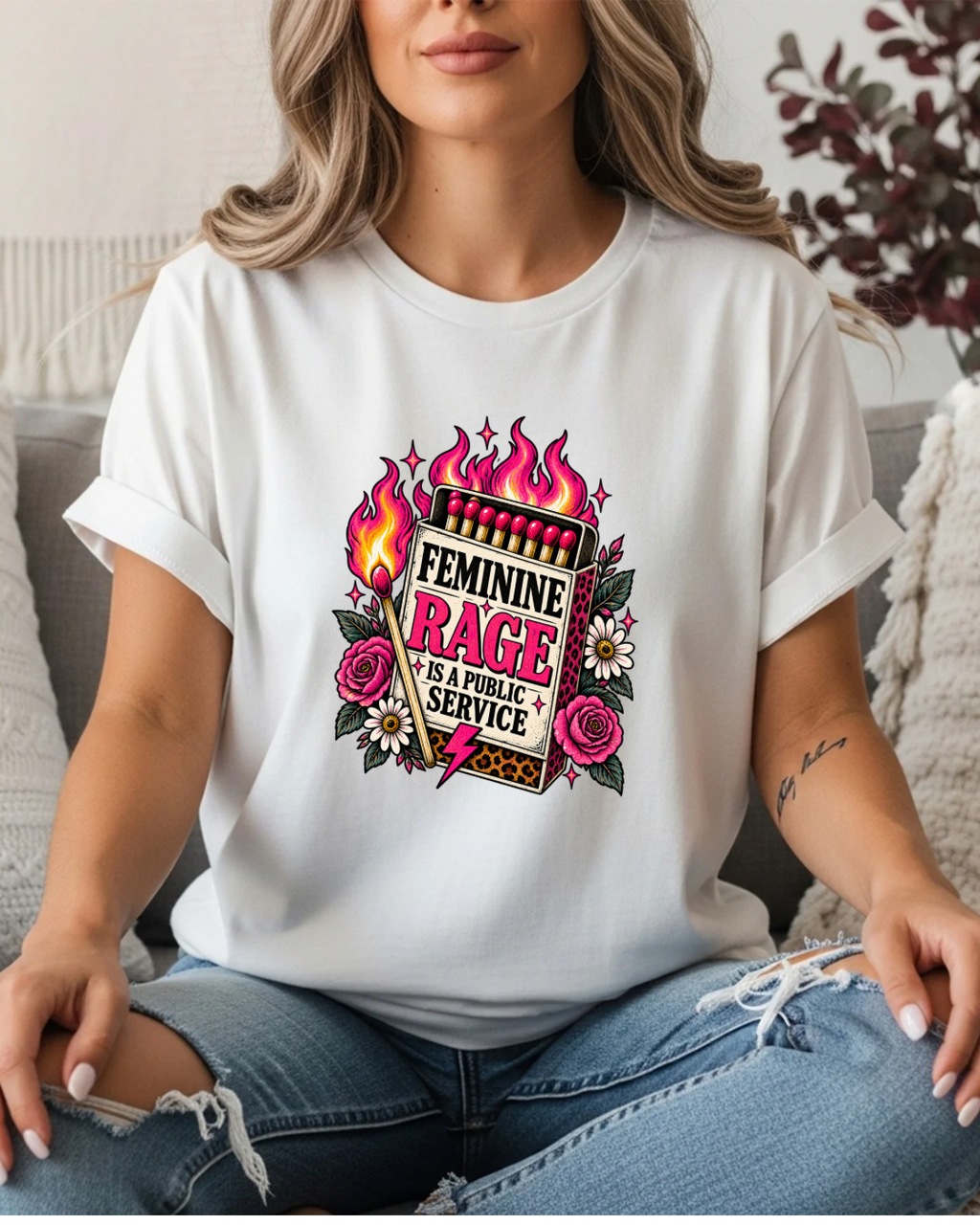 Feminine Rage Is A Public Service T-Shirt | Matchbox Floral Graphic Tee | Feminist Statement Shirt