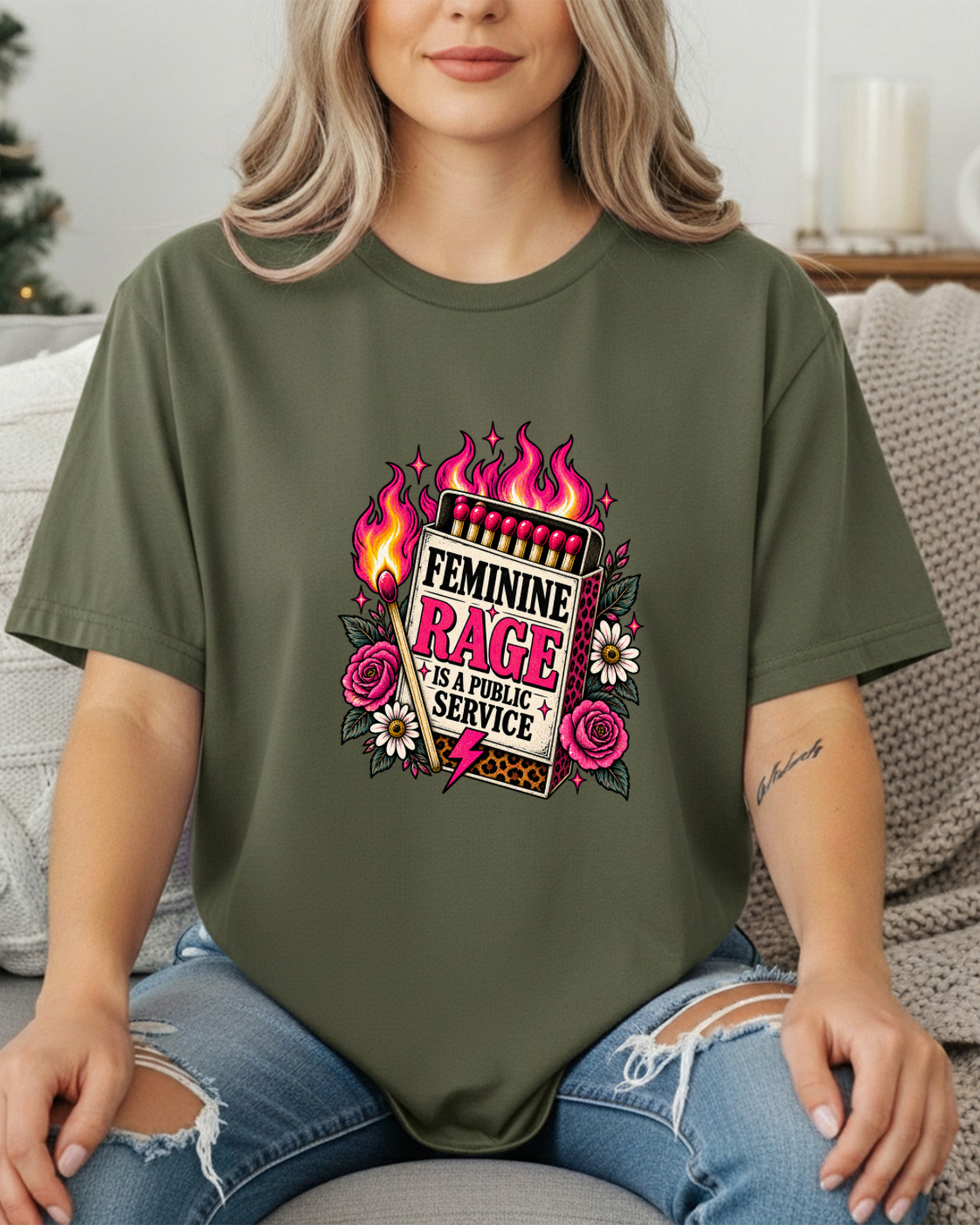 Feminine Rage Is A Public Service T-Shirt | Matchbox Floral Graphic Tee | Feminist Statement Shirt