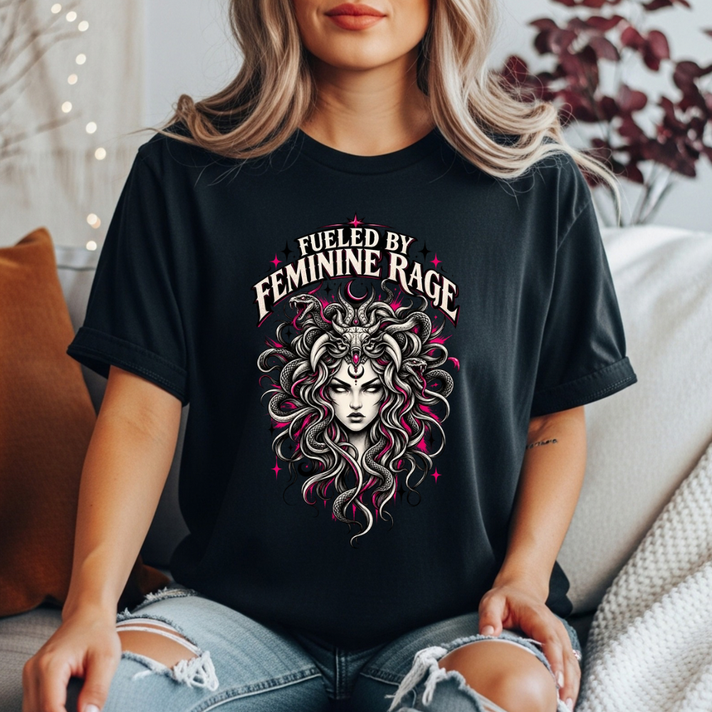 Fueled by Feminine Rage Medusa Tee, Dark Feminist Snake Goddess shirt