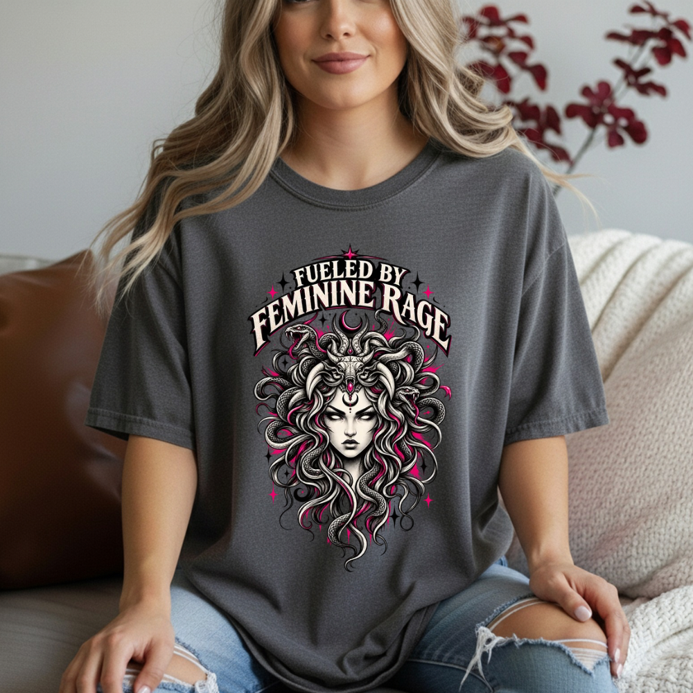 Fueled by Feminine Rage Medusa Tee, Dark Feminist Snake Goddess shirt