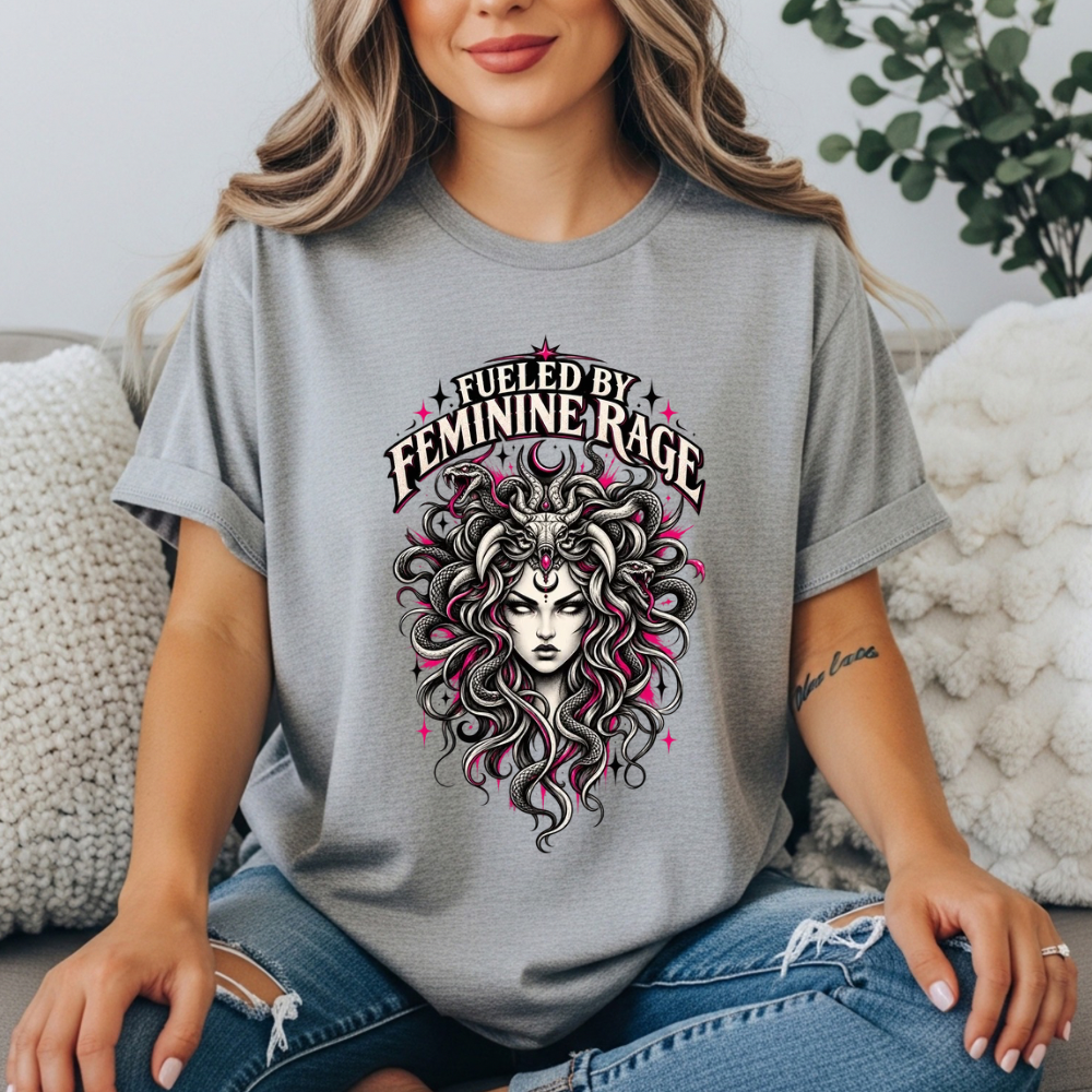 Fueled by Feminine Rage Medusa Tee, Dark Feminist Snake Goddess shirt
