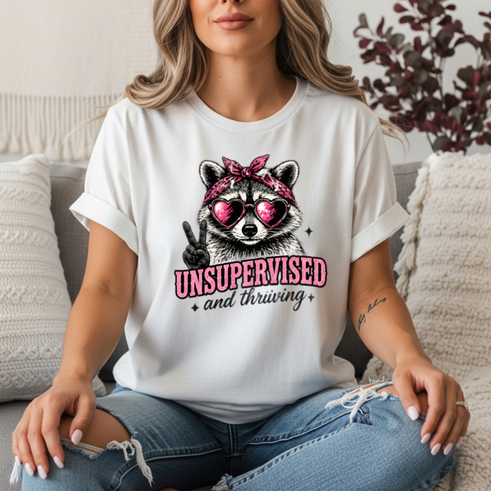 Unsupervised and Thriving Raccoon Tee | Feminist Graphic T-Shirt