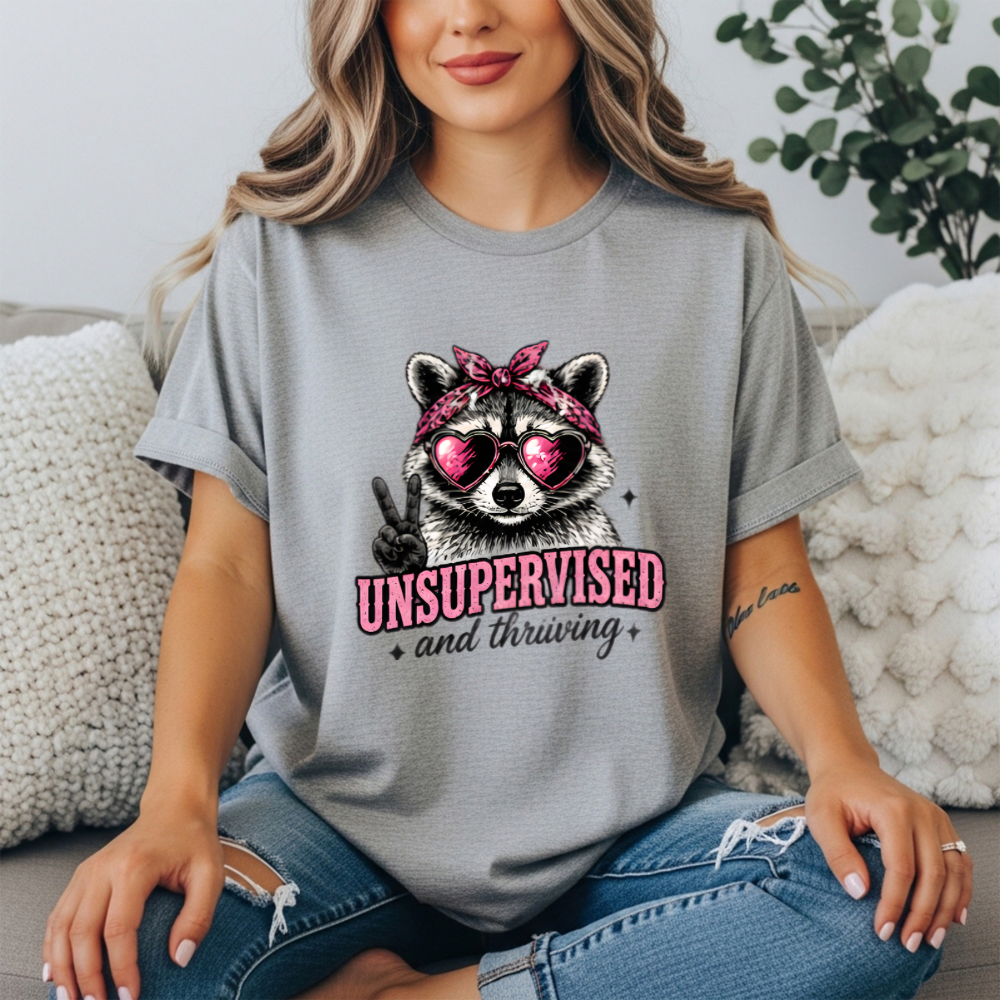 Unsupervised and Thriving Raccoon Tee | Feminist Graphic T-Shirt