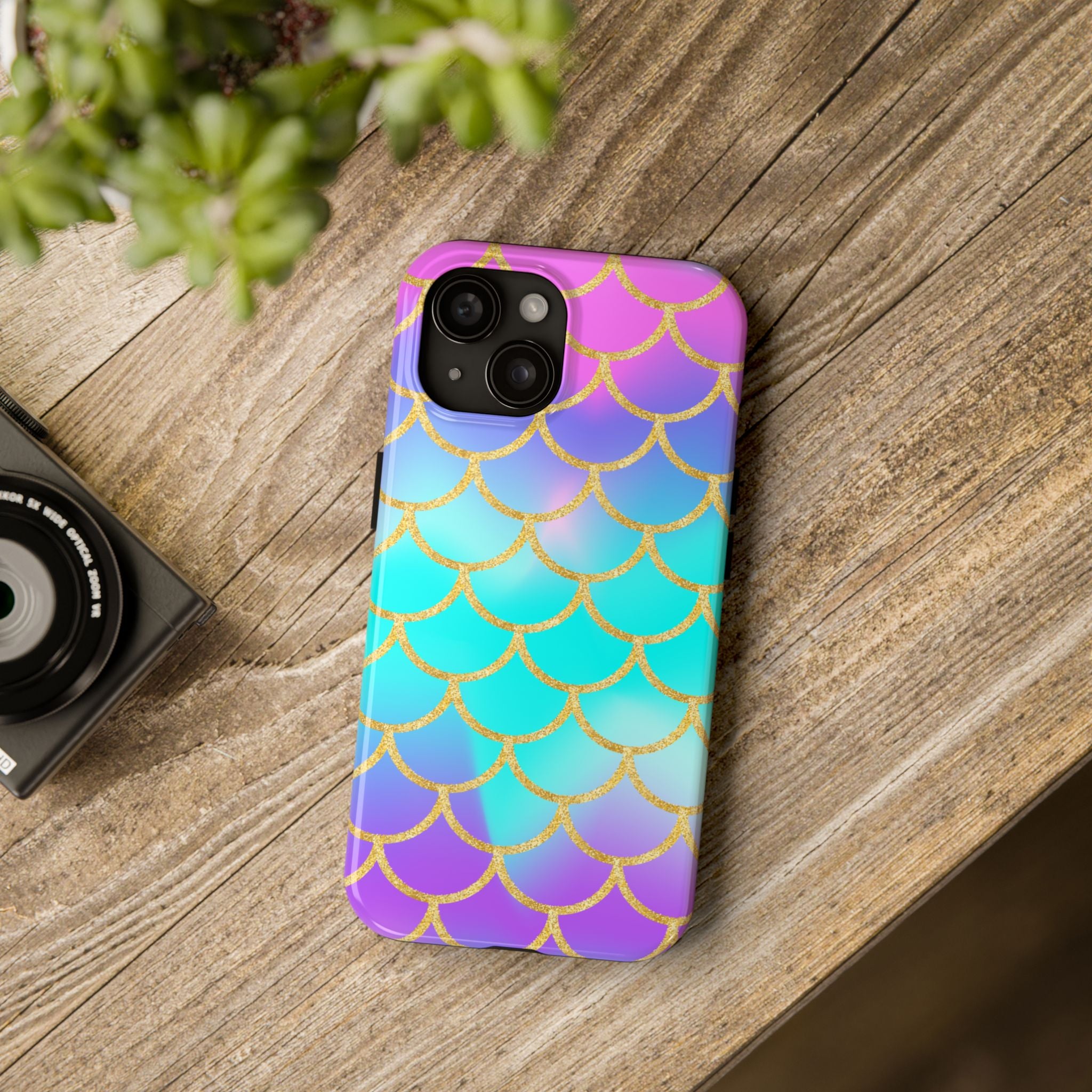 Mermaid Scale Tough Phone Case — Iridescent Aqua Purple with Gold Accent