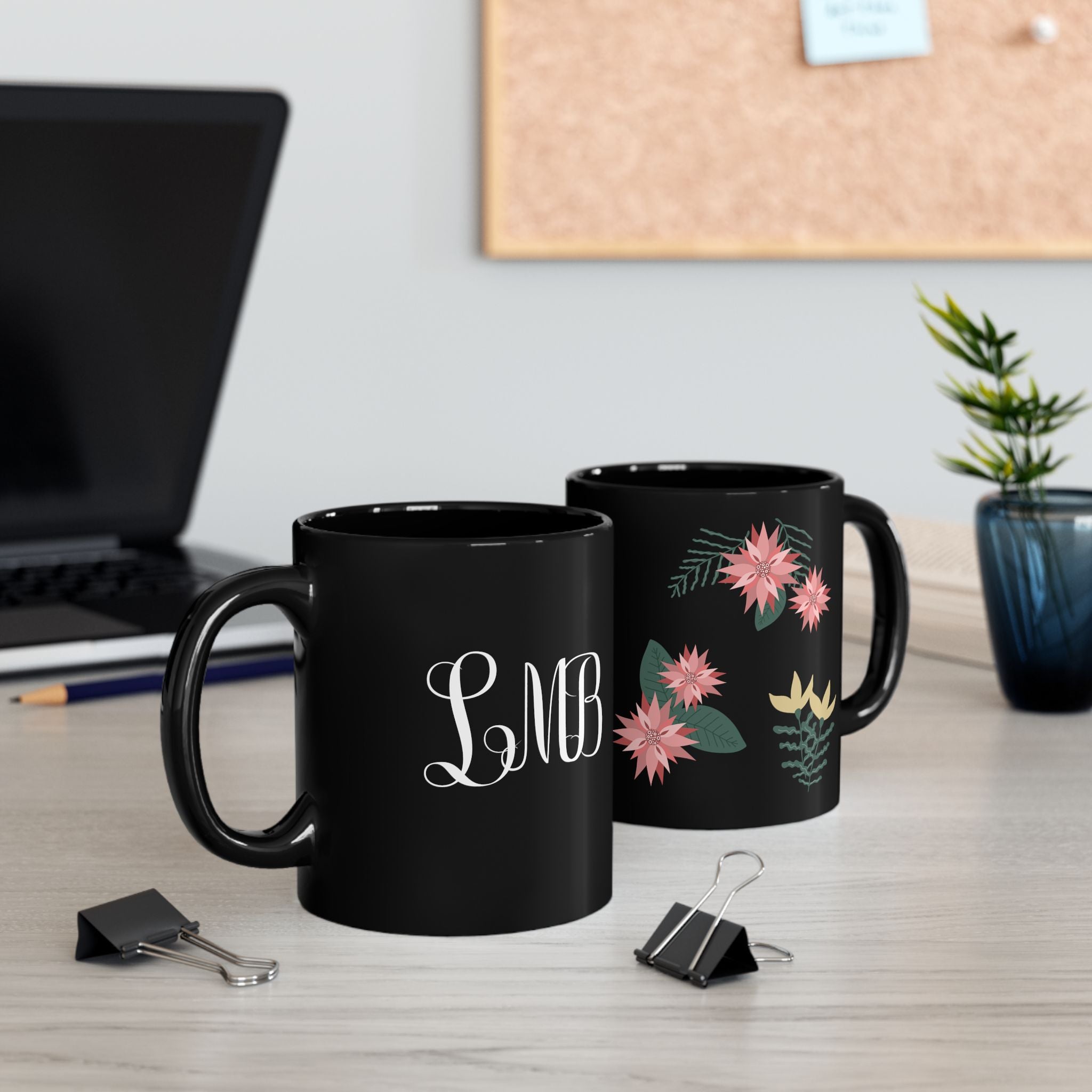 Floral Monogram Black Mug — Personalized Pink Poinsettia Coffee Cup