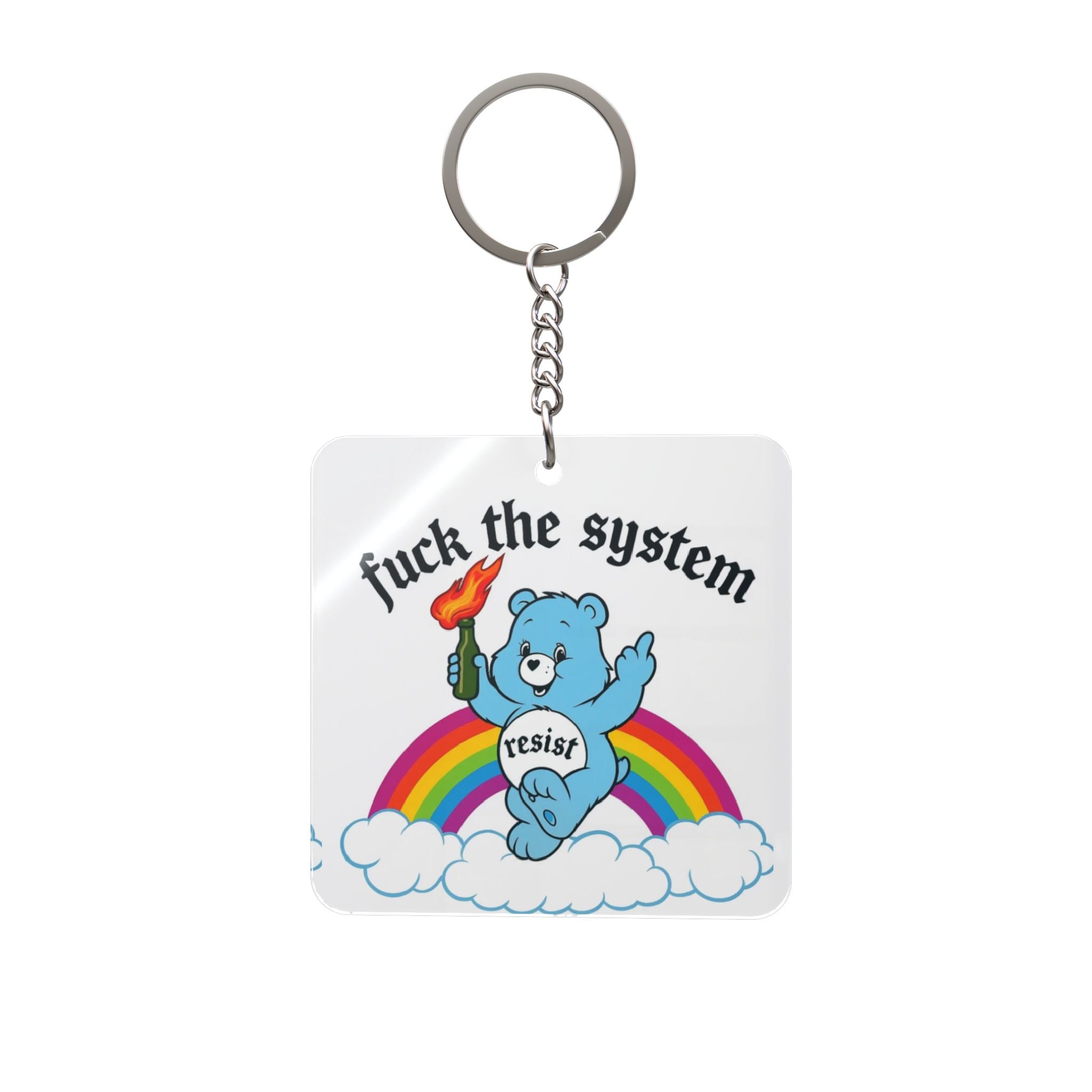 Rebel Bear Square Keychain — “fuck the system” Rainbow Protest Accessory