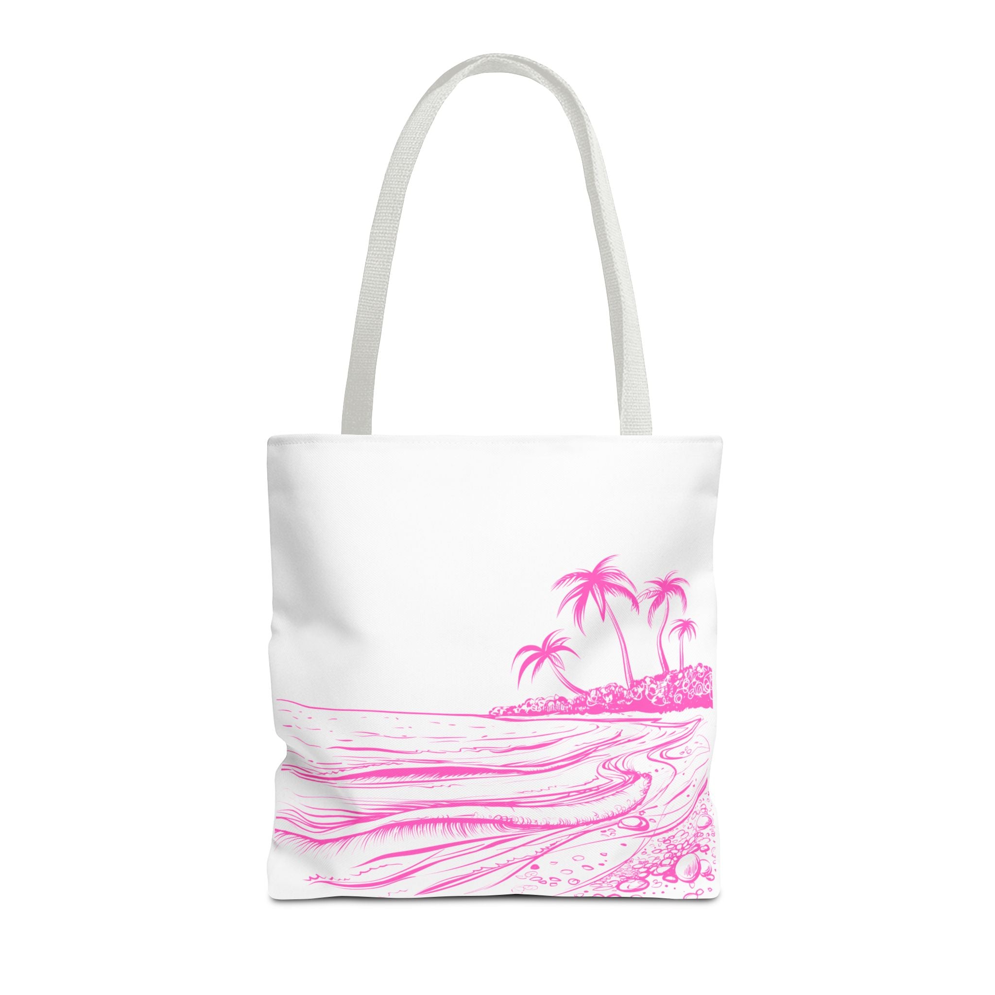 Pink Palm Beach Tote Bag — Tropical Beach Scene All-Over Print
