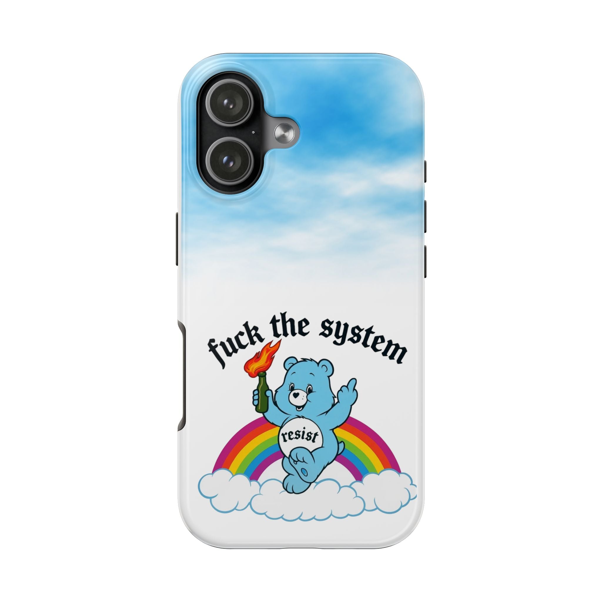 Rebel Bear Tough Phone Case — “Fuck the System” Rainbow Design