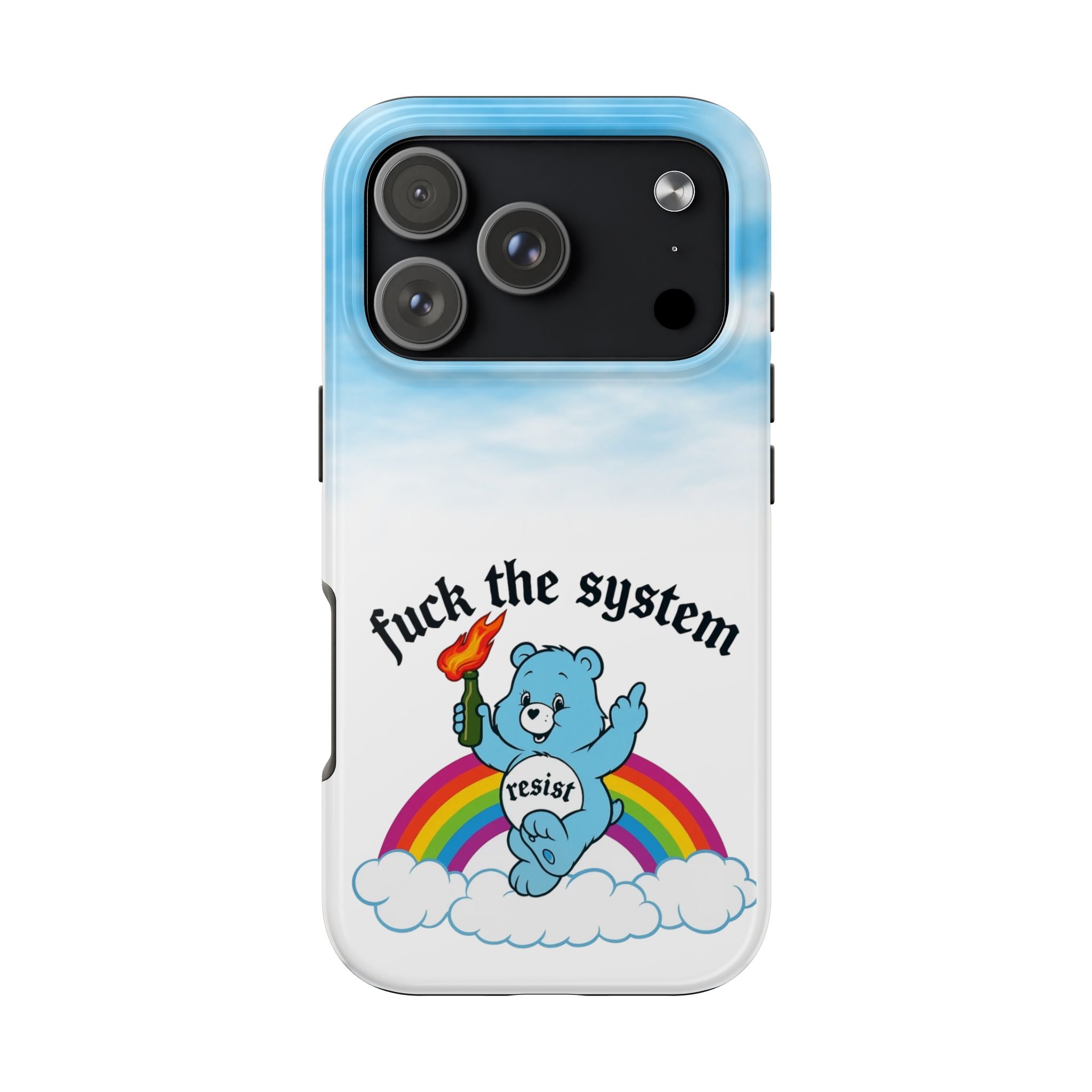 Rebel Bear Tough Phone Case — “Fuck the System” Rainbow Design