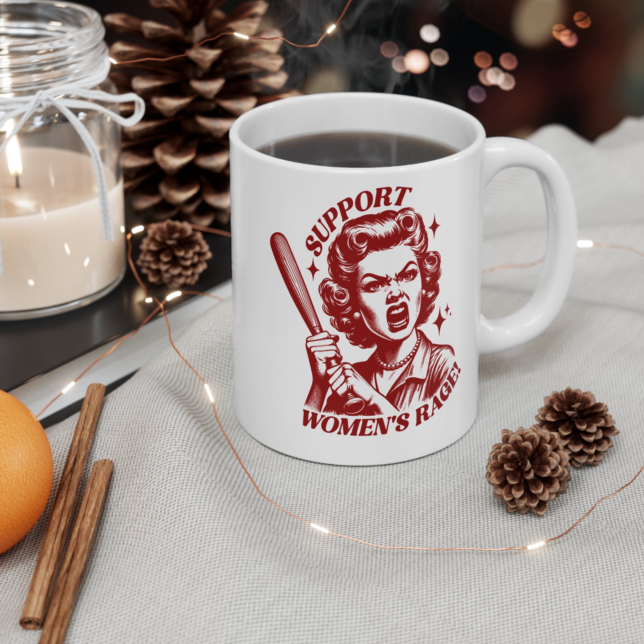 Support Women's Rage Mug — Feminist Retro Baseball Bat Coffee Cup