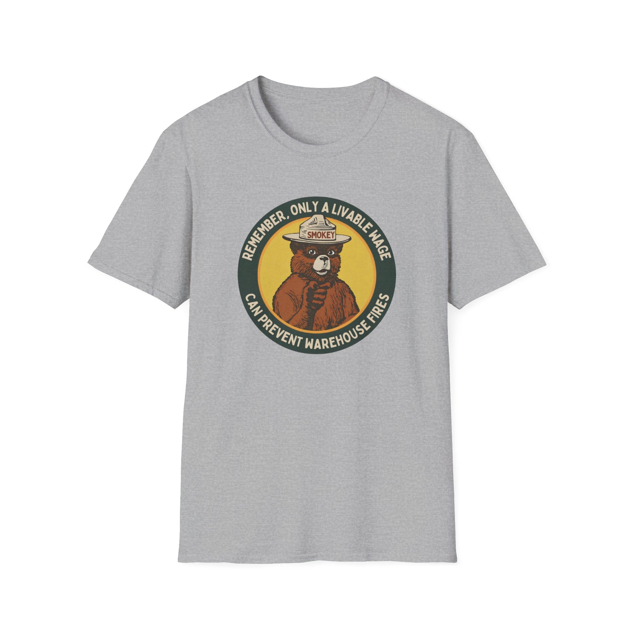Light gray graphic tee featuring a Smokey Bear parody badge design. Text reads “Remember, Only a Livable Wage Can Prevent Warehouse Fires.” Funny labor rights shirt, workers’ rights tee, sarcastic anti-Amazon shirt, pro-union graphic tee, funny political gift.