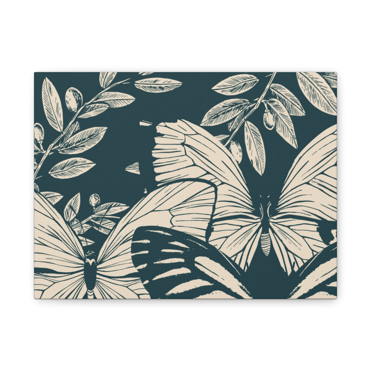 Butterfly Botanical Canvas Wall Art — Teal & Cream Stretched Matte Print