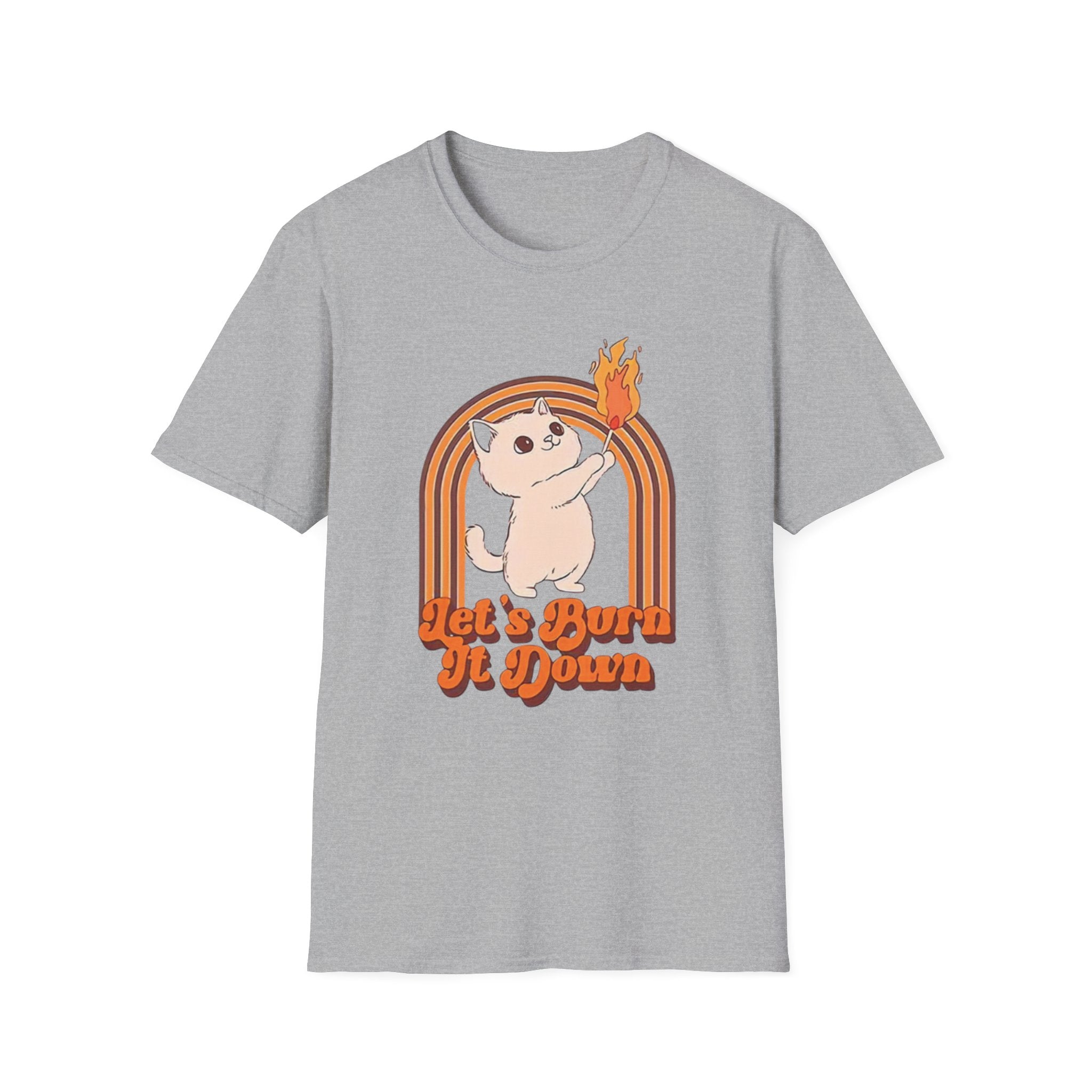 Gray Feminist activist t shirt with cat graphic and text let it burn 