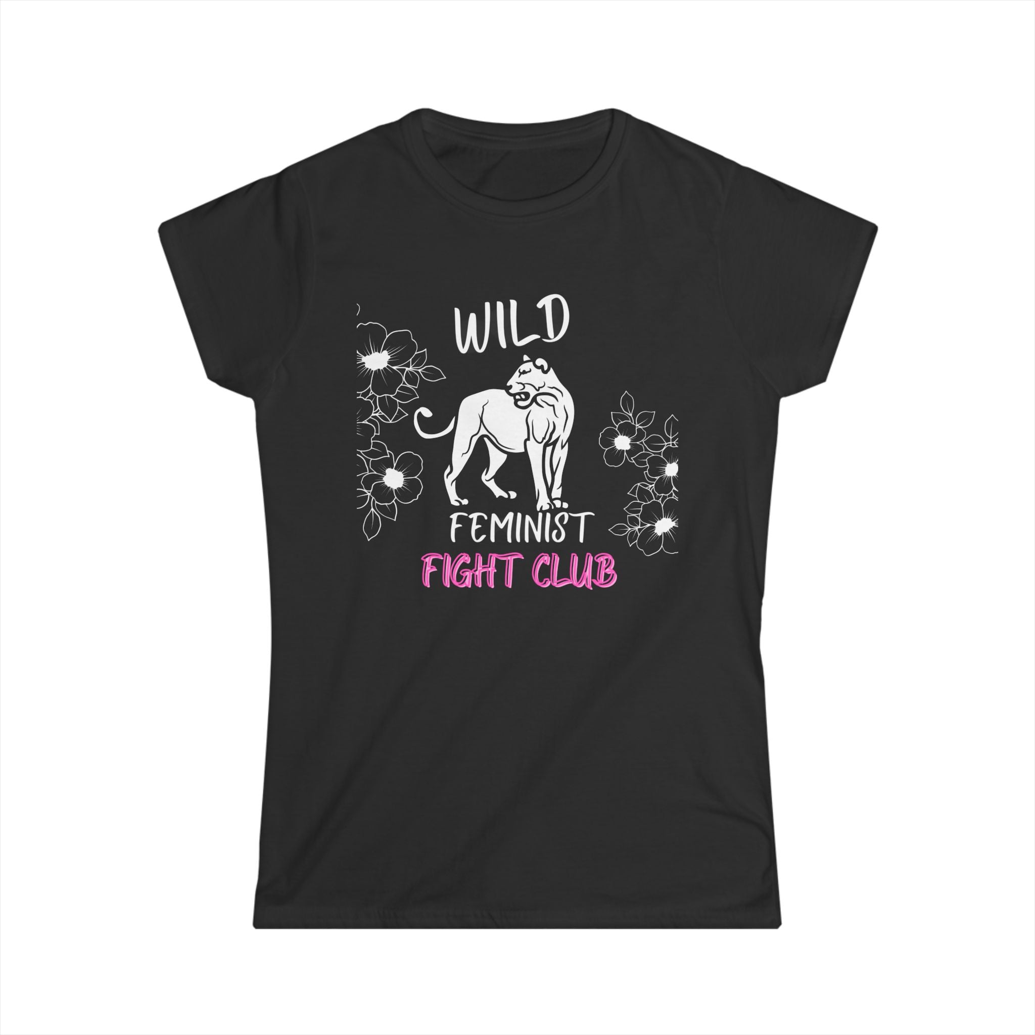 Black t-shirt with 'Wild Feminist Fight Club' design on a white background