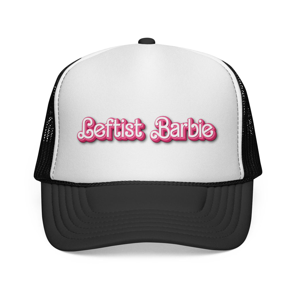 White and black cap with 'Leftist Barbie' text in pink and White 