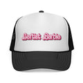 White and black cap with 'Leftist Barbie' text in pink and White 
