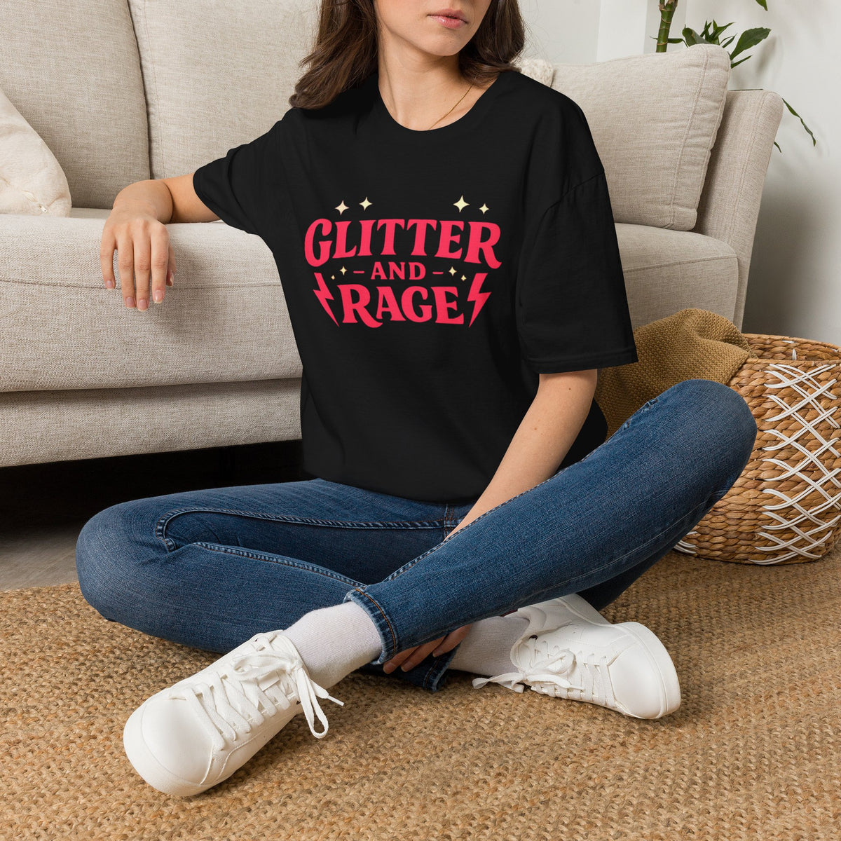 Glitter And Rage Signature Logo Shirt | Feminist Brand Tee | Bold Pink Lightning Bolt Graphic T-Shirt