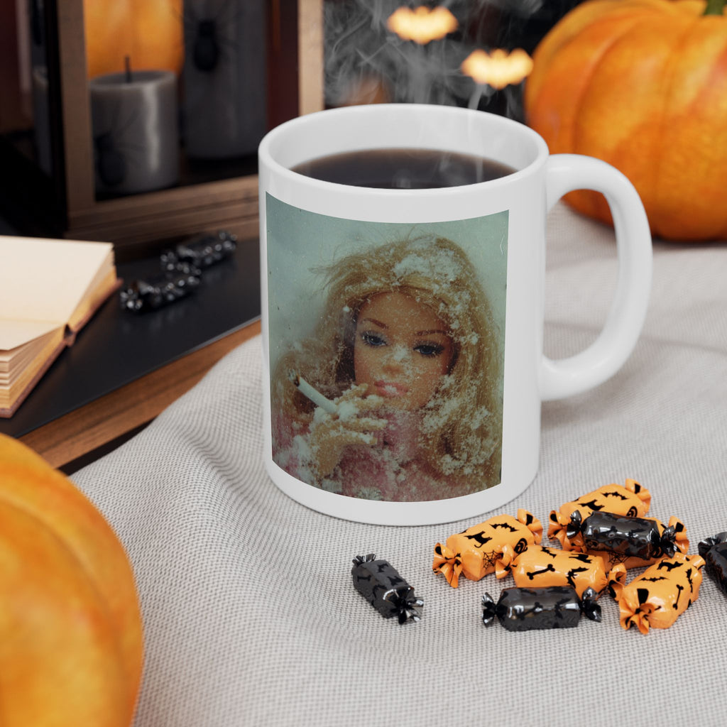 Vintage Doll Smoking Portrait Mug — Retro Doll Art Coffee Cup