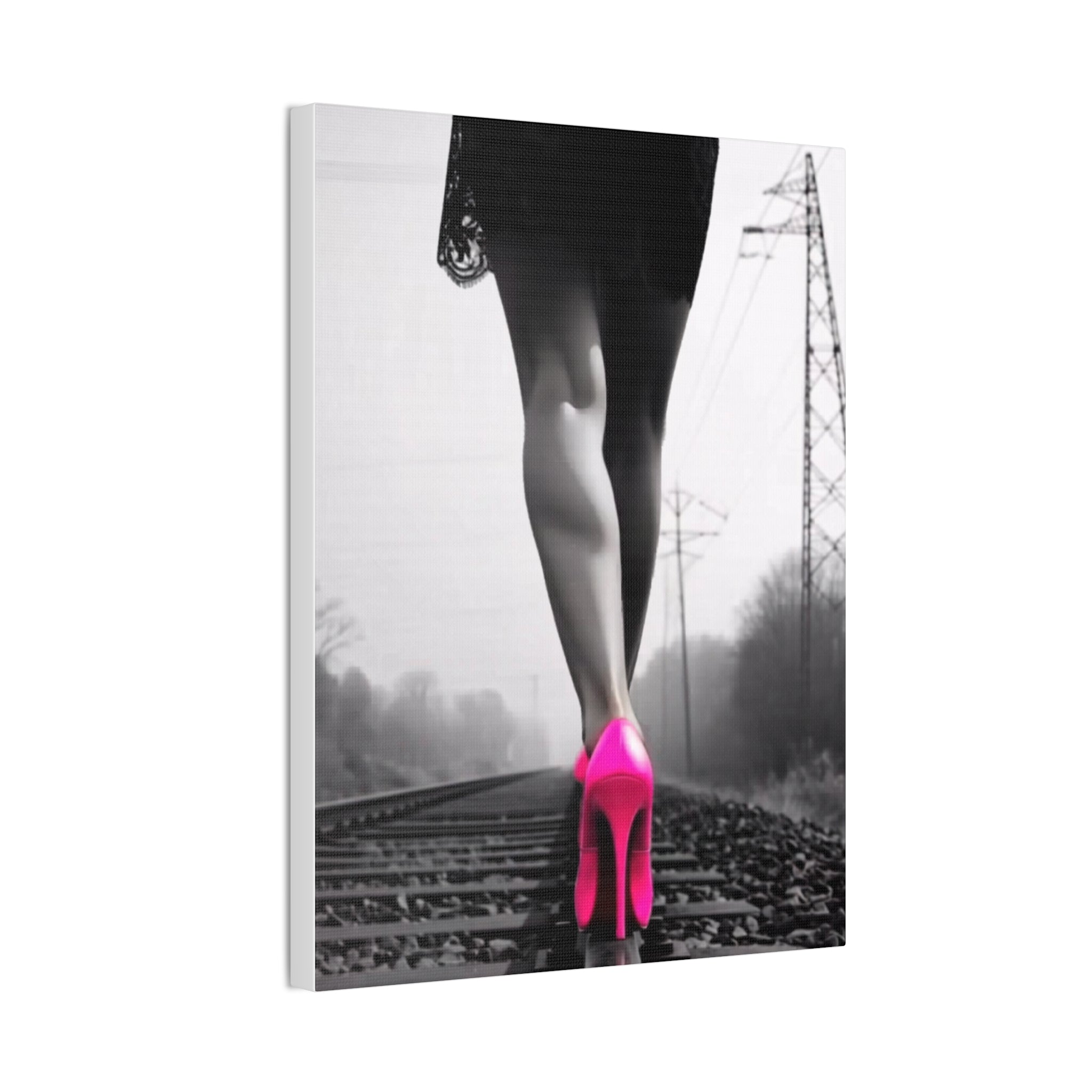 12x16 Canvas Print — Pink Heels on Rails Black & White Fashion Photography
