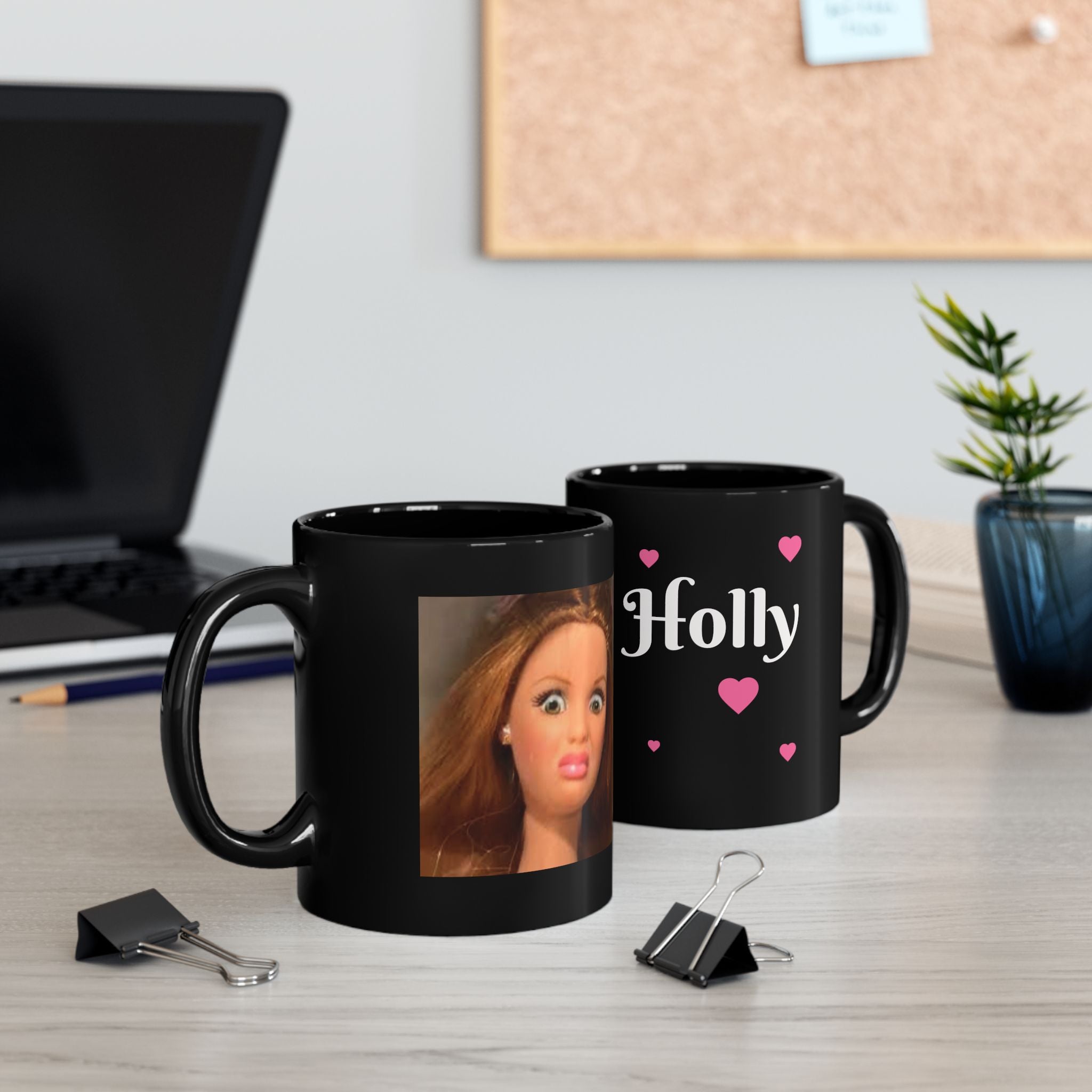 Funny Doll Photo Coffee Cup with Pink Hearts- personalizable
