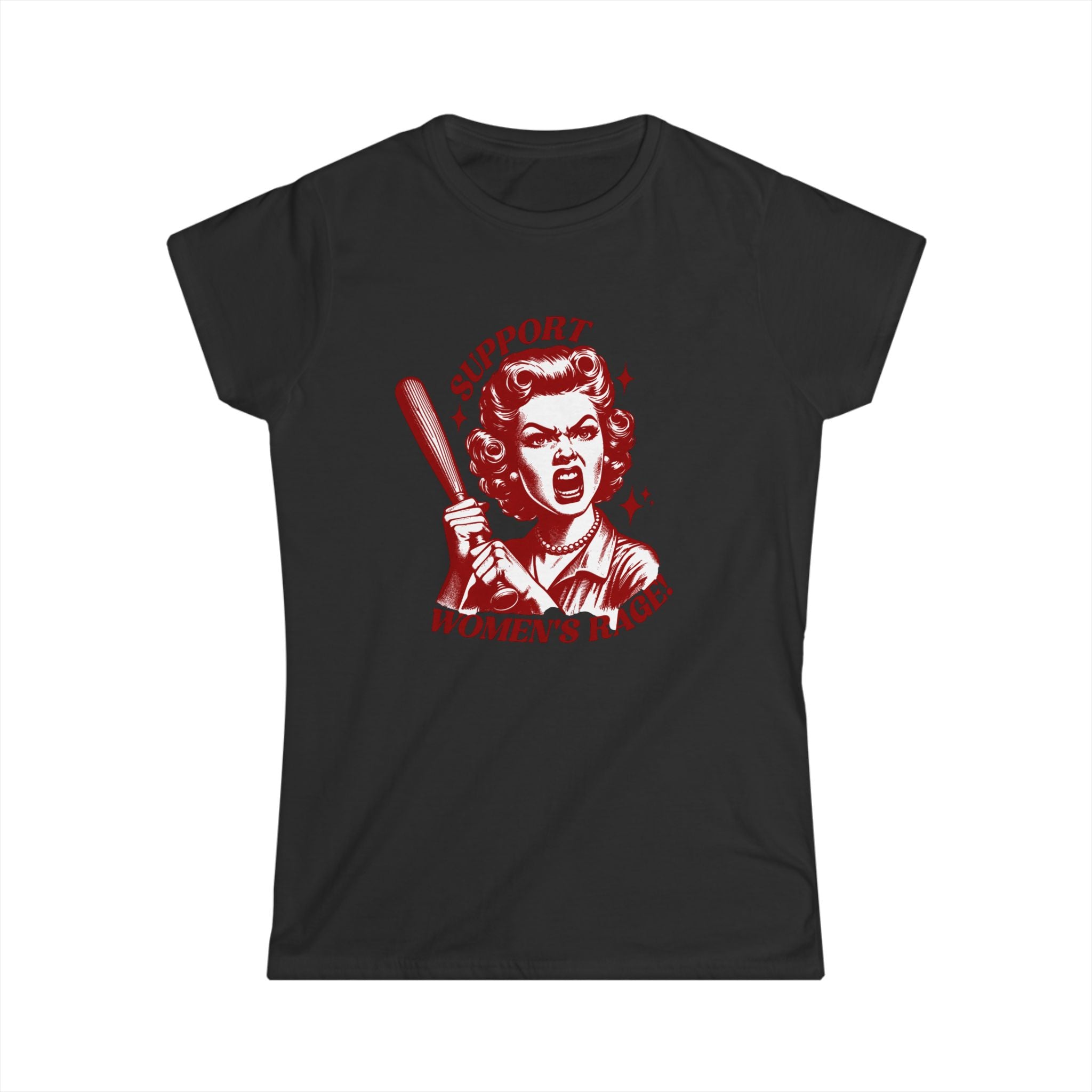 Support Women’s Rage Vintage Retro Feminist T-Shirt with Baseball Bat Graphic | Women’s Rage Shirt | Funny Feminist Tee | 1950s Housewife Angry Woman Graphic Tee | black T shirt