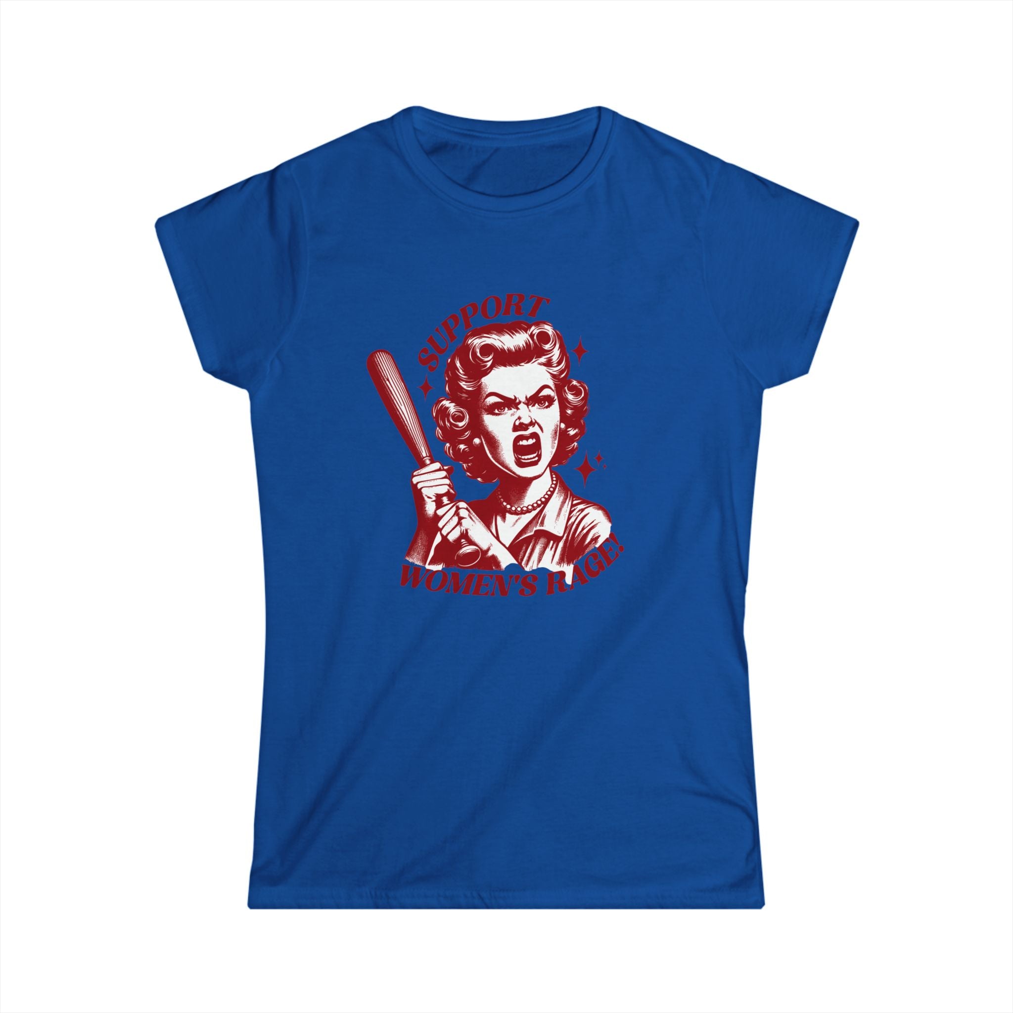 Support Women’s Rage Vintage Retro Feminist T-Shirt with Baseball Bat Graphic | Women’s Rage Shirt | Funny Feminist Tee | 1950s Housewife Angry Woman Graphic Tee | blue T shirt