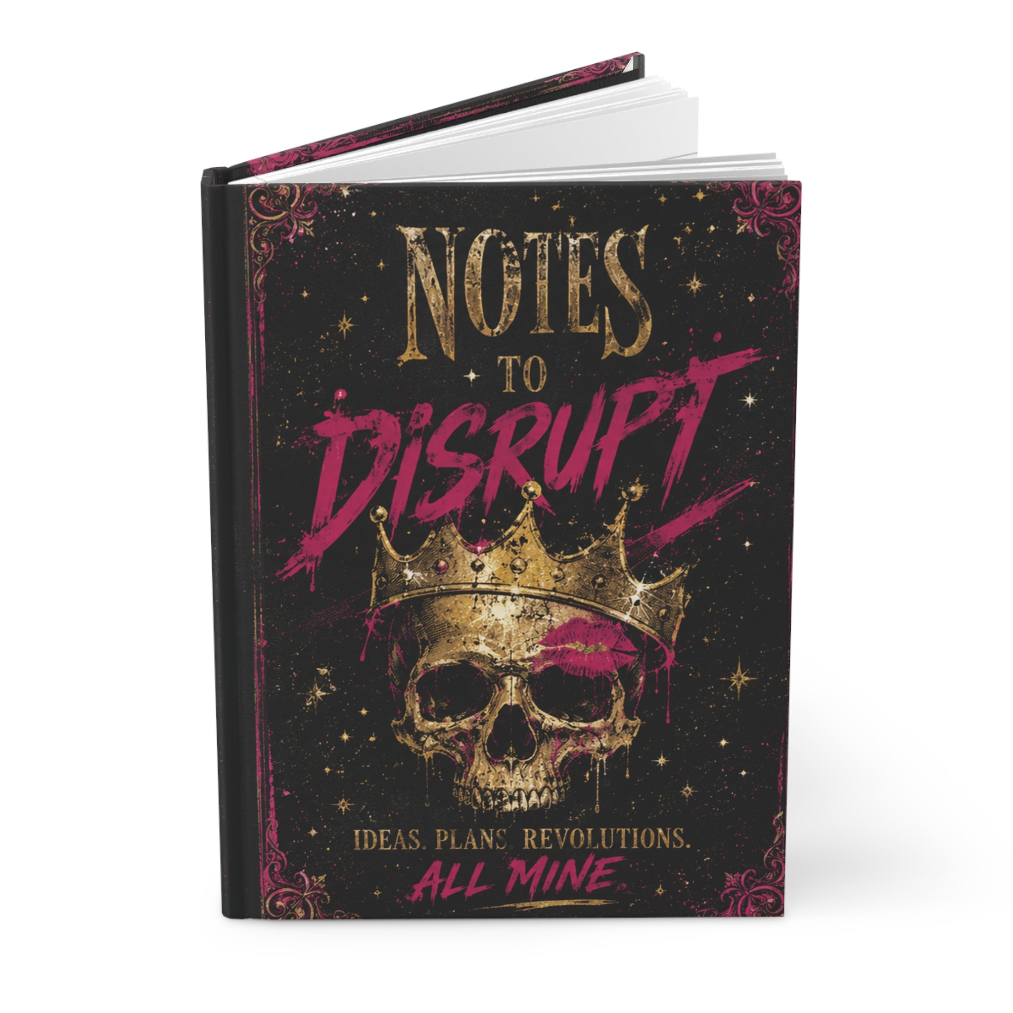 “Notes to Disrupt” Skull & Crown Journal – Gothic Feminist Notebook, Pink & Gold Witchy Planner, Dark Academia Skull Notebook, Rebellious Women Gift