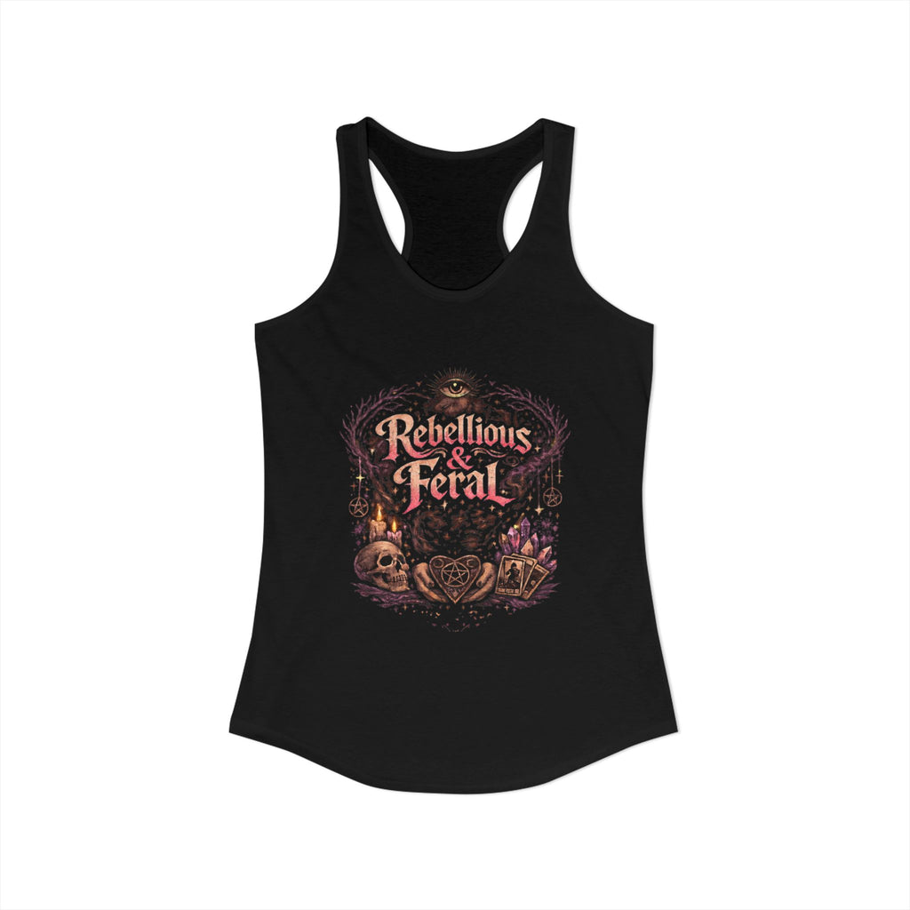 Rebellious And Feral Tank Top | Witchy Women’s Racerback Tank | Dark Feminine Graphic Tee | Occult Aesthetic Shirt | Tarot Crystal Skull Tank