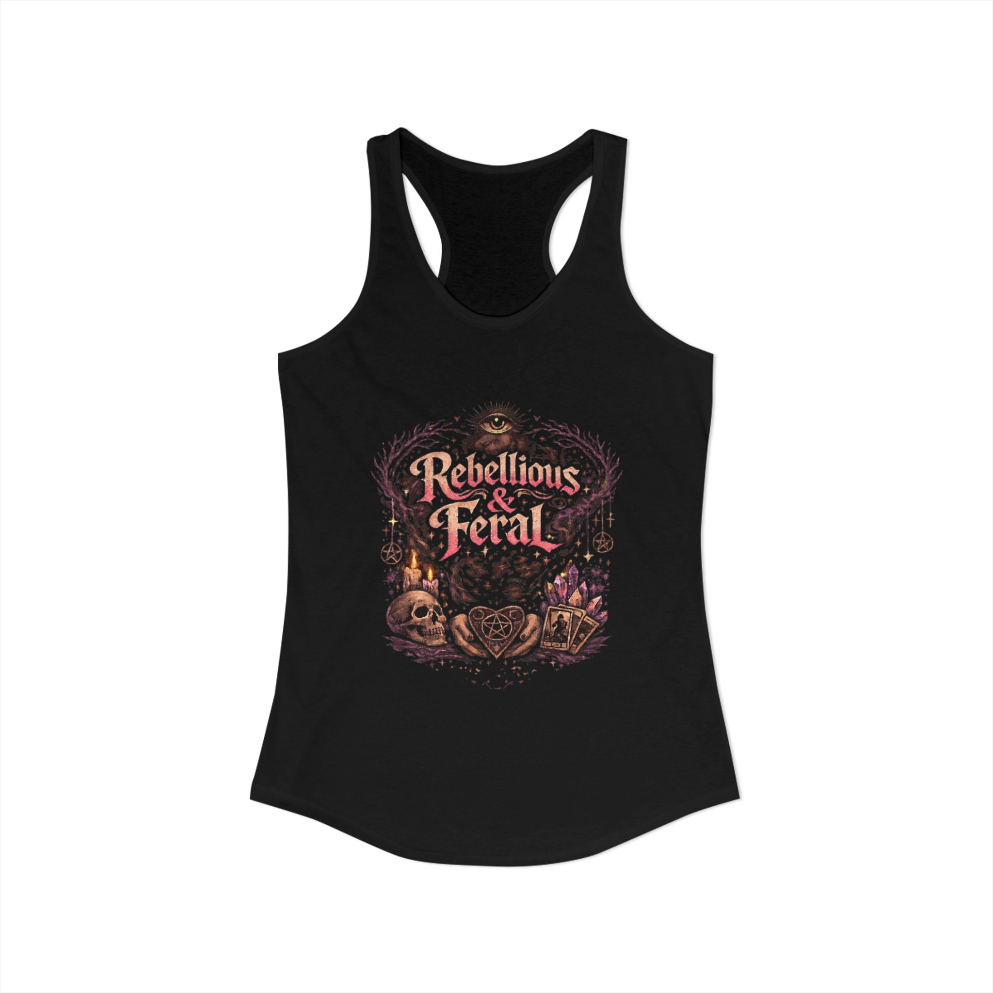 Rebellious And Feral Tank Top | Witchy Women’s Racerback Tank | Dark Feminine Graphic Tee | Occult Aesthetic Shirt | Tarot Crystal Skull Tank