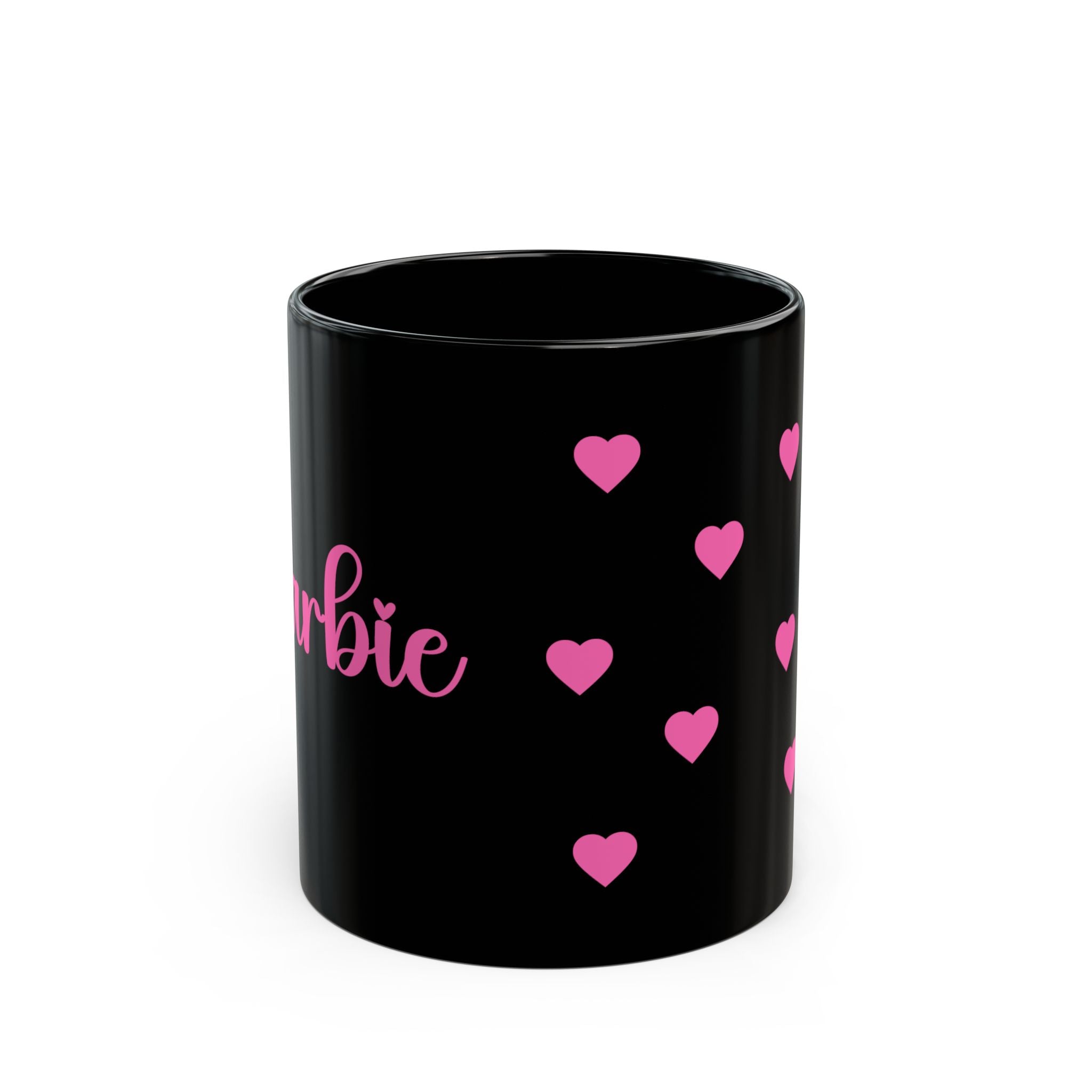 Custom name Black Heart Mug — Pink Hearts Accent Ceramic Coffee Cup (11oz/15oz)