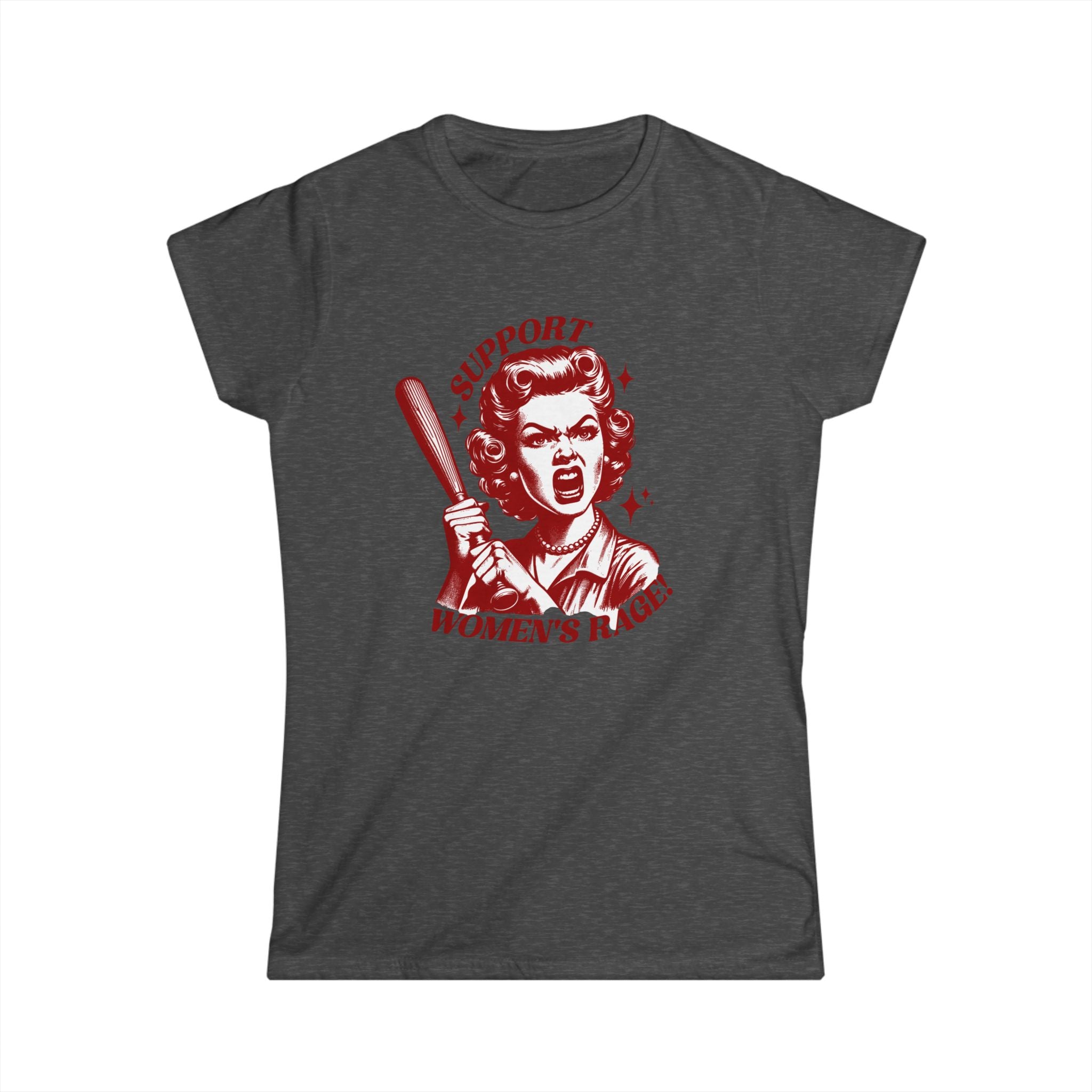 Support Women’s Rage Vintage Retro Feminist T-Shirt with Baseball Bat Graphic | Women’s Rage Shirt | Funny Feminist Tee | 1950s Housewife Angry Woman Graphic Tee | dark gray T shirt