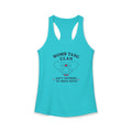 Women’s Blue racerback tank top. Graphic features two hands with pink nails forming a heart shape with a pink heart center. Text reads “Womb Tang Clan — Ain’t Nothing to Mess With.” Funny feminist tank top, sarcastic women’s empowerment shirt, hip hop parody tee, reproductive rights gift, bold statement tank for women.