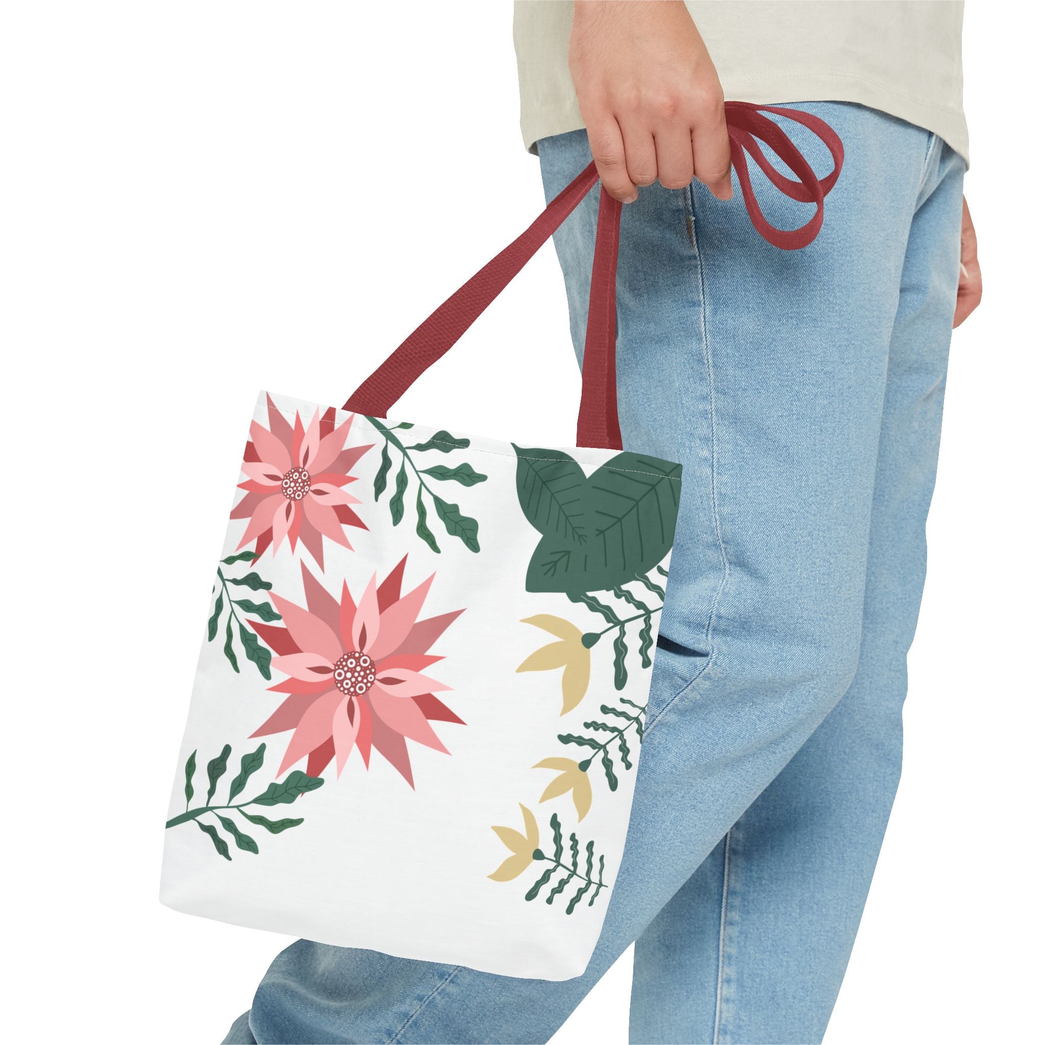 Floral Tote Bag – Pink Poinsettia & Green Foliage All-Over Print