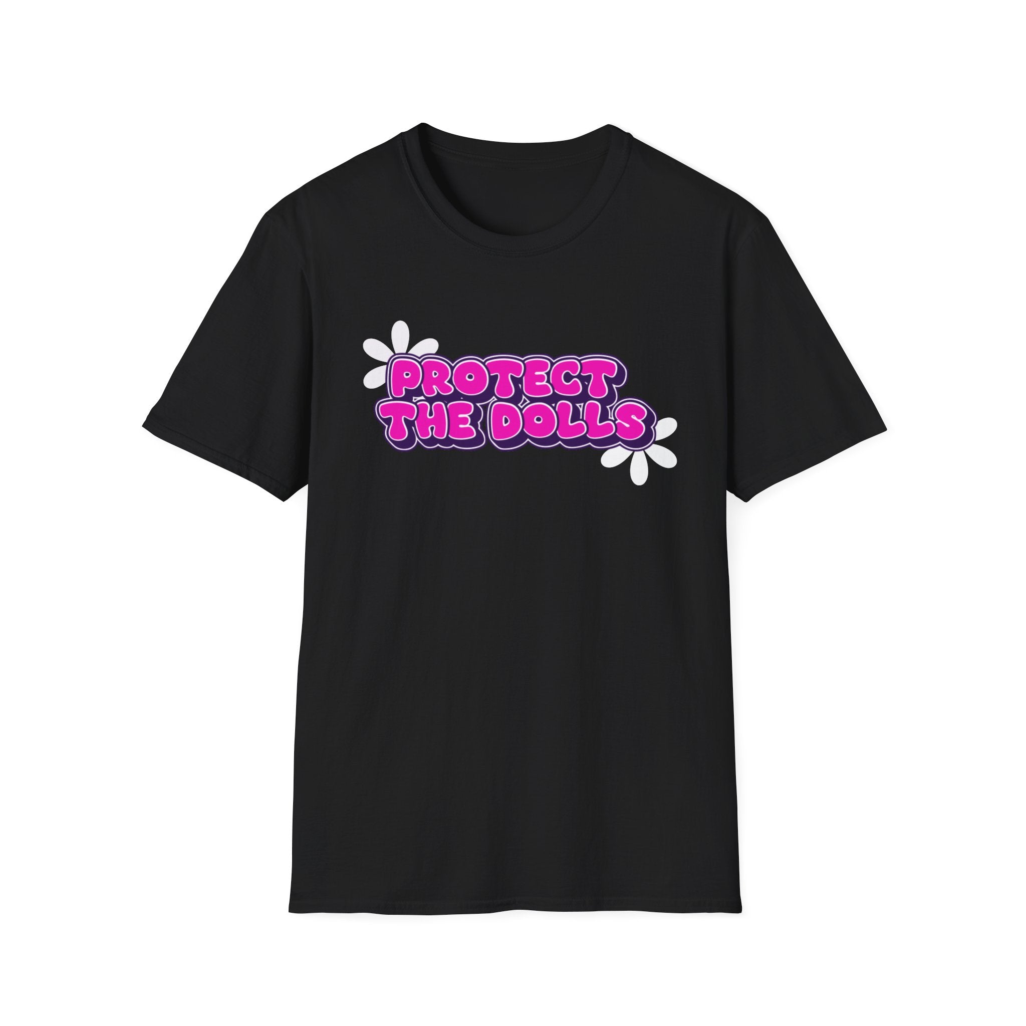 Human rights Black t-shirt with 'Protect The Dolls' text and daisy graphics.