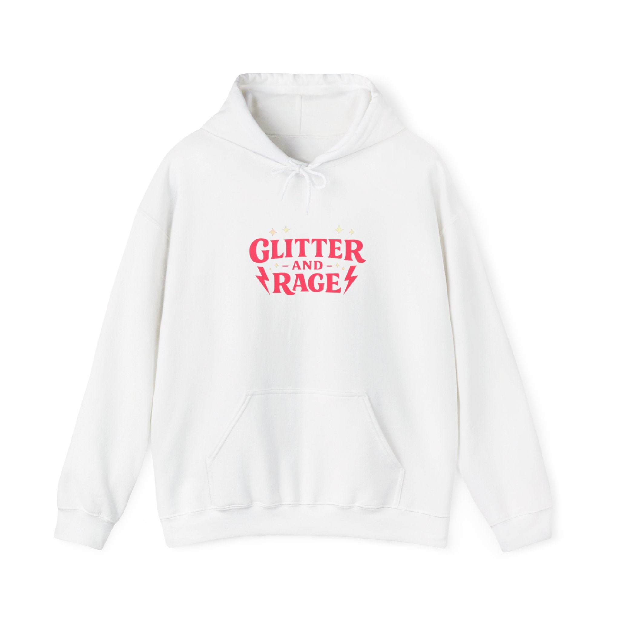 Glitter & Rage White Hoodie — Cute Pink Text Graphic Pullover