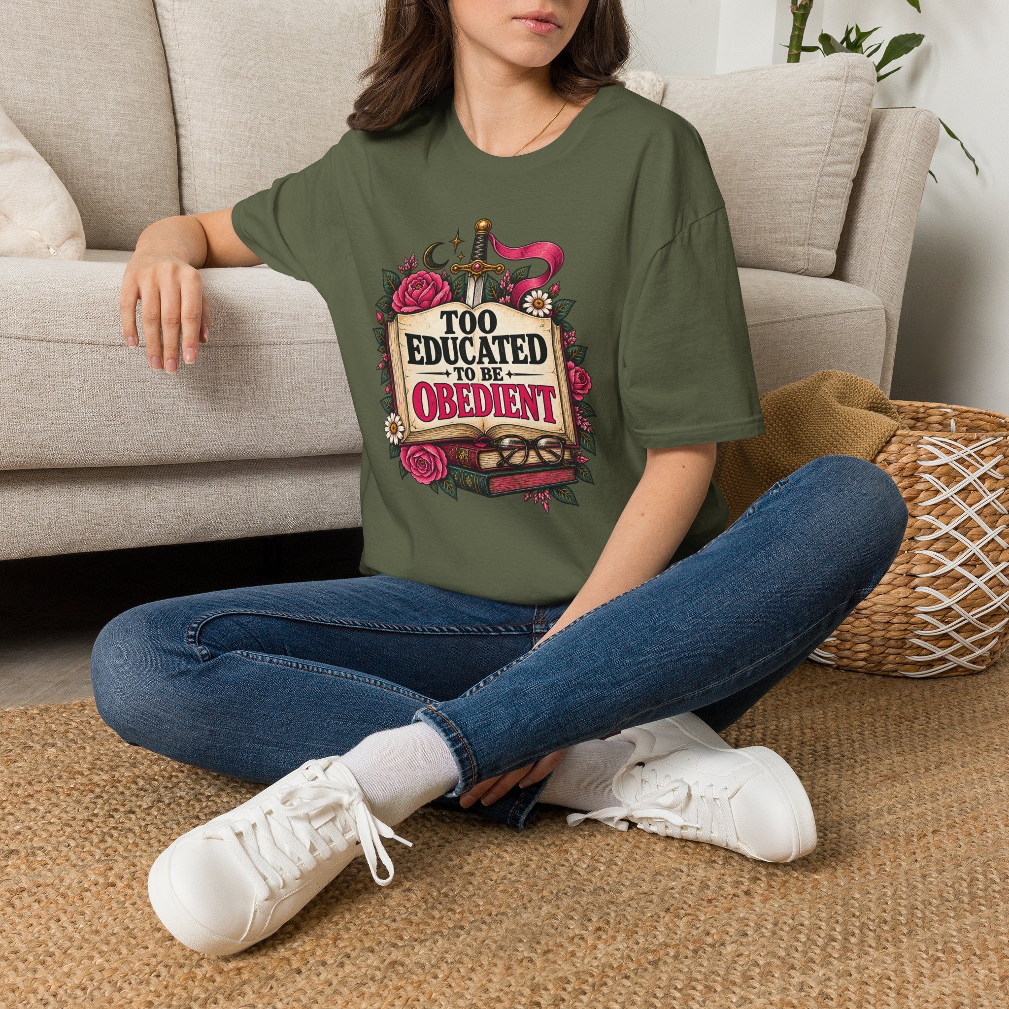 “Too Educated to Be Obedient” Feminist Floral Sword Graphic Tee