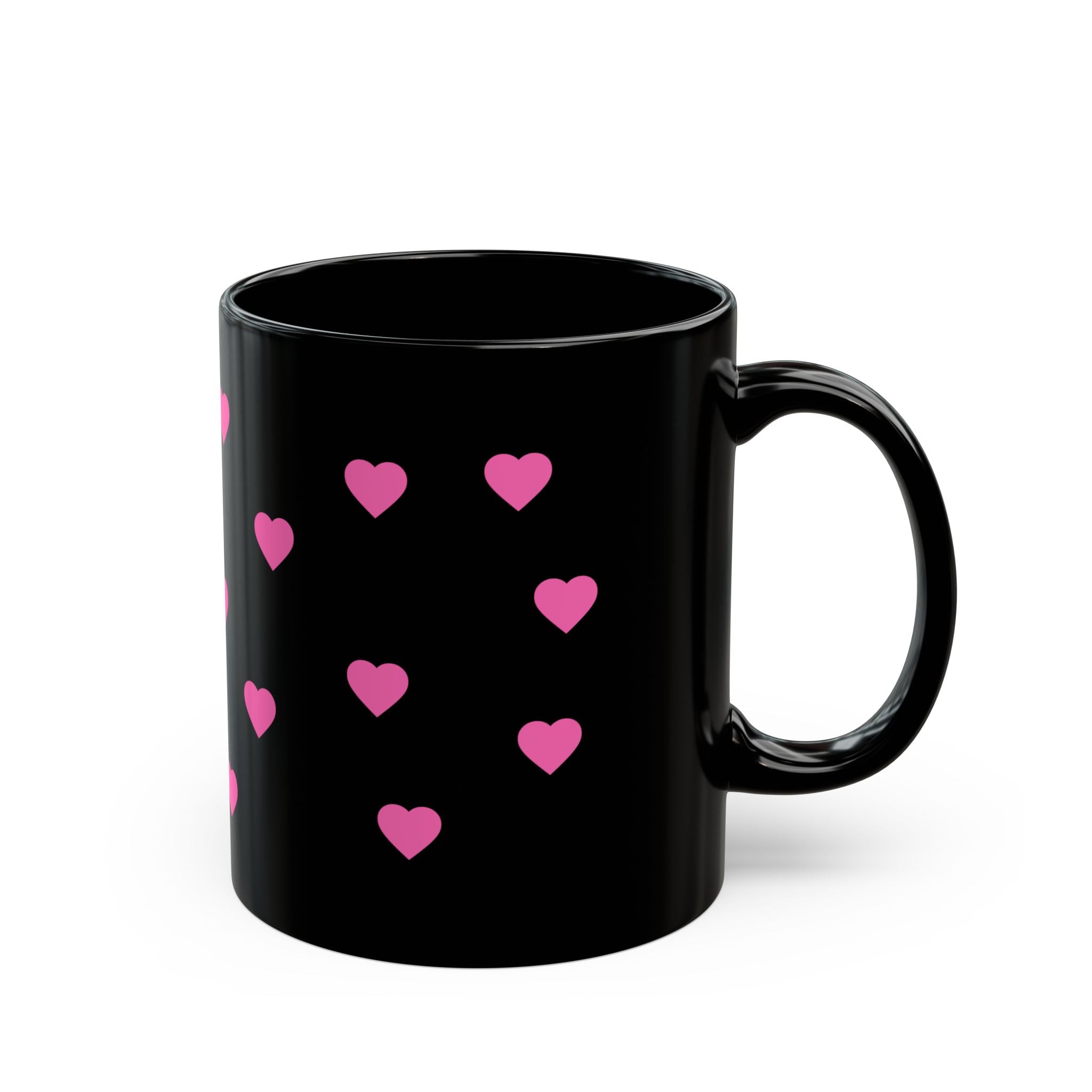 Custom name Black Heart Mug — Pink Hearts Accent Ceramic Coffee Cup (11oz/15oz)