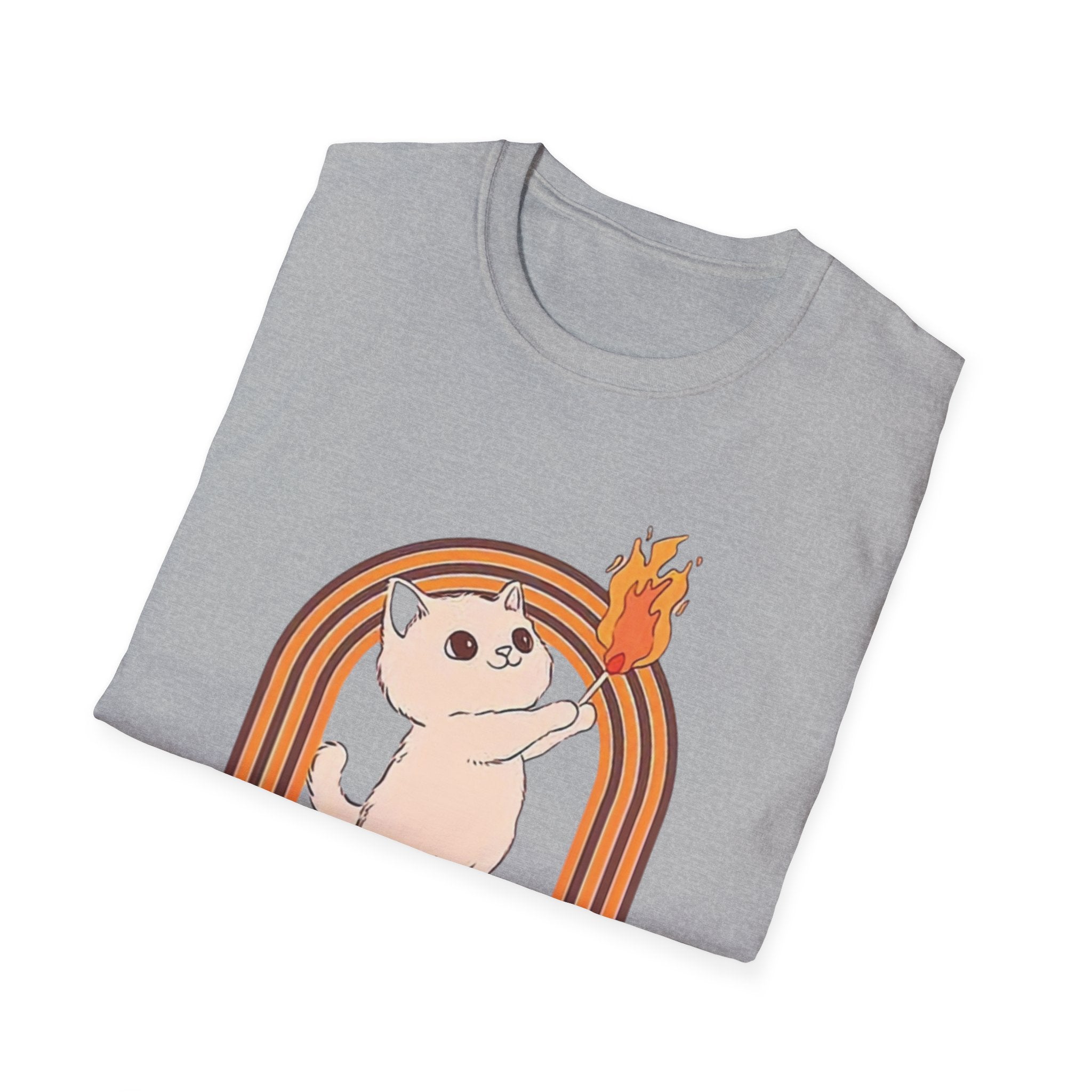 Folded gray t-shirt with a cat holding a flame graphic on a white background