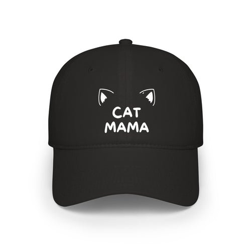 Black cap with 'Cat Mama' text and cat ears on a white background