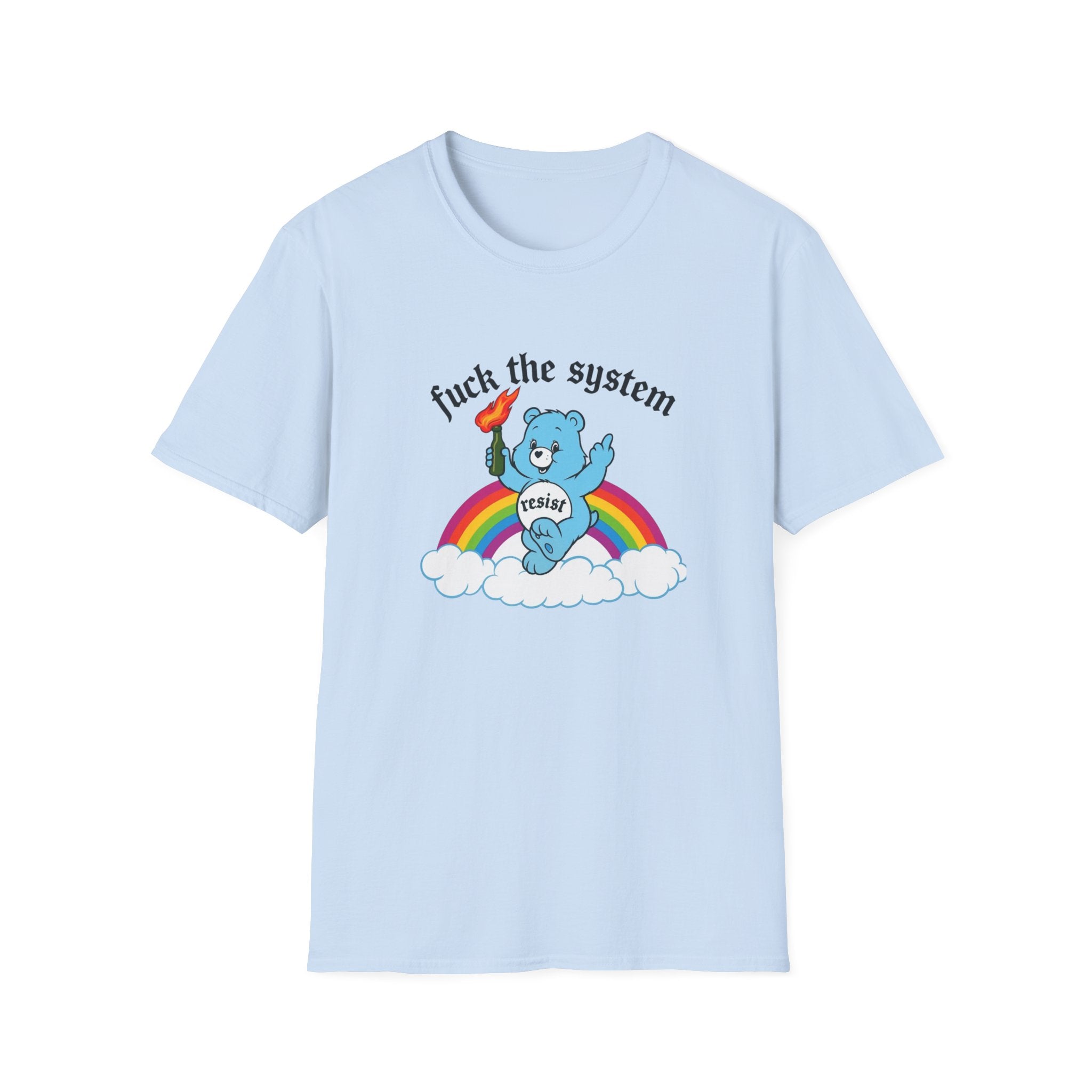 Care Bear 'Fuck the System' T-Shirt — Rainbow Rebellion Graphic Tee